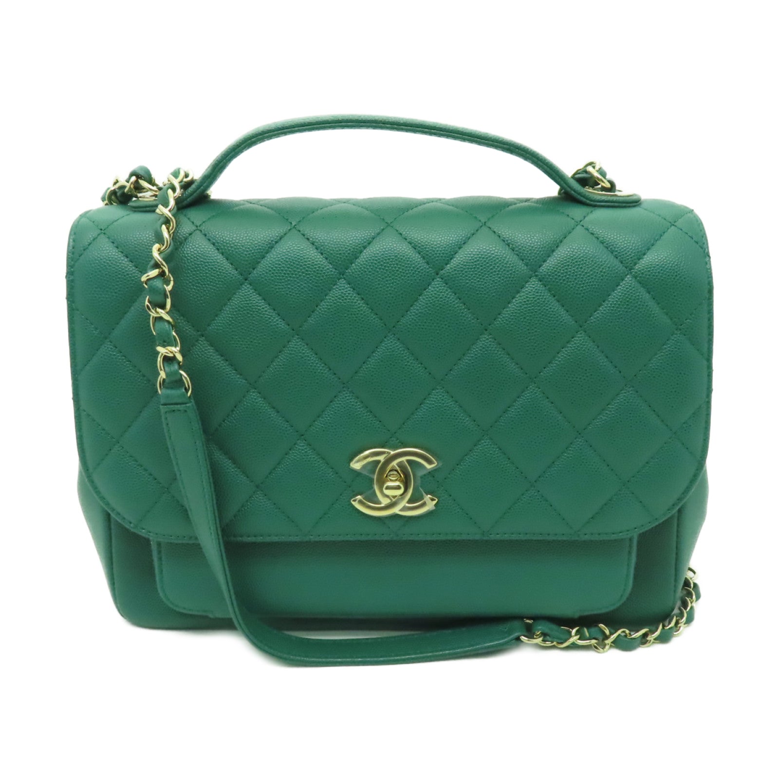 CHANEL 菱格Caviar皮革Business Affinty Bag金扣手挽肩背兩用袋綠色