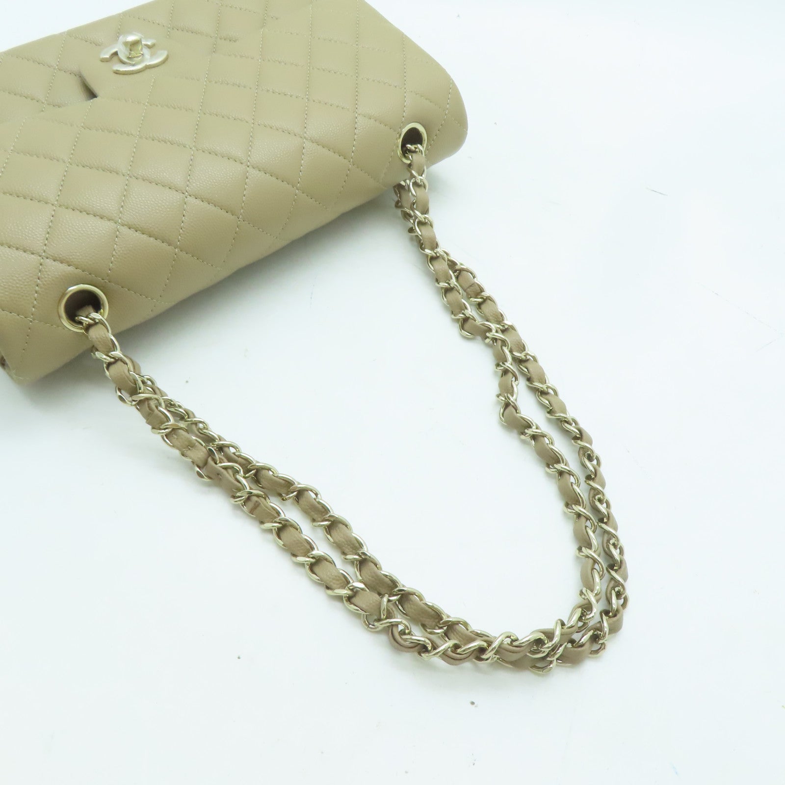 CHANEL 菱格Caviar皮革Classic Flap金扣鏈帶肩背袋啡色