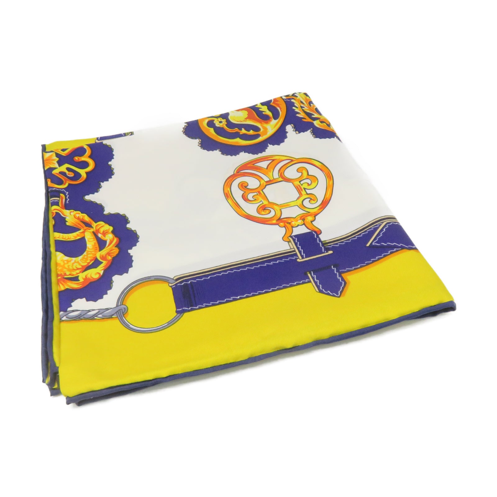 HERMES 絲質Scarf絲巾黃色/白色/藍色