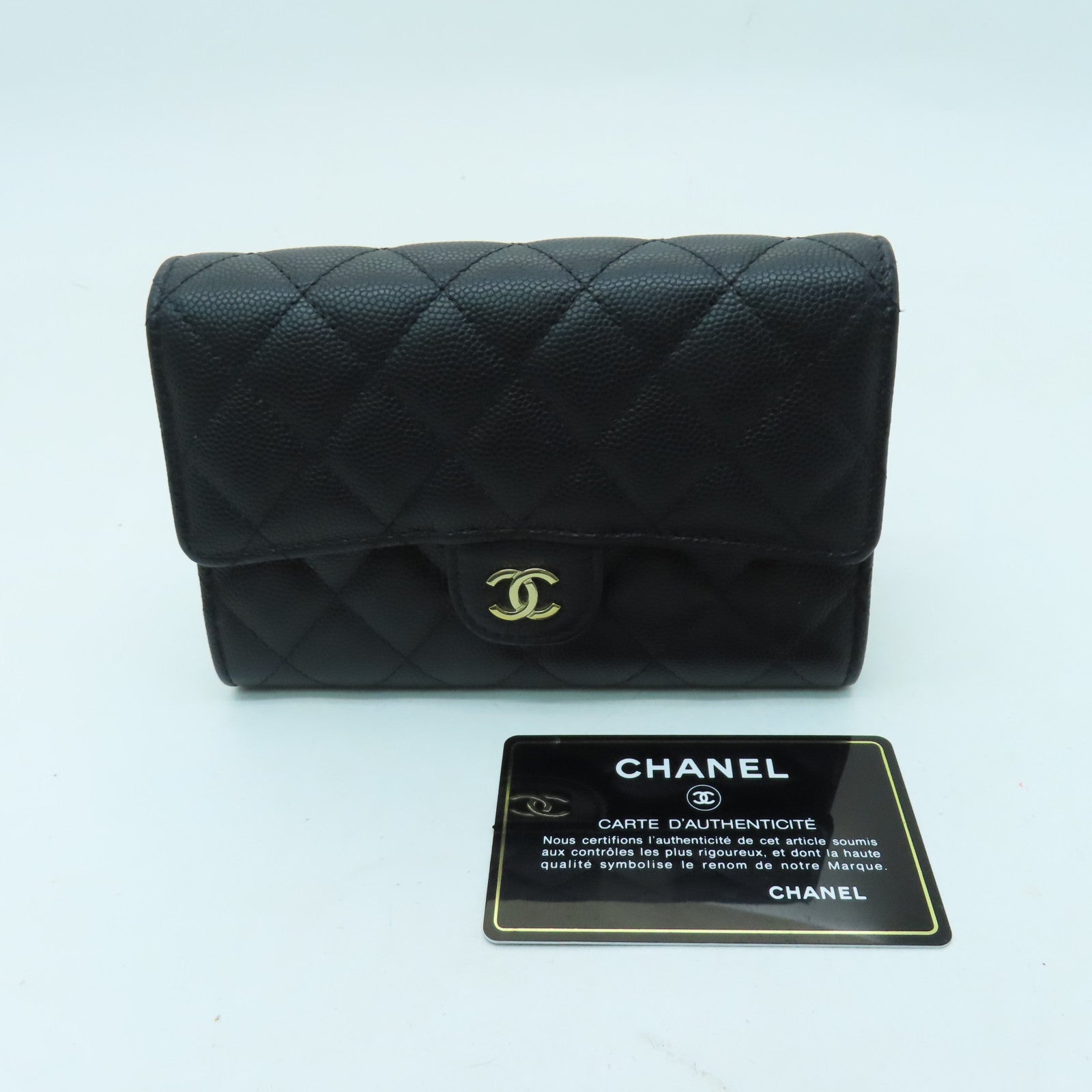 CHANEL 菱格Caviar皮革Wallet金扣錢包黑色