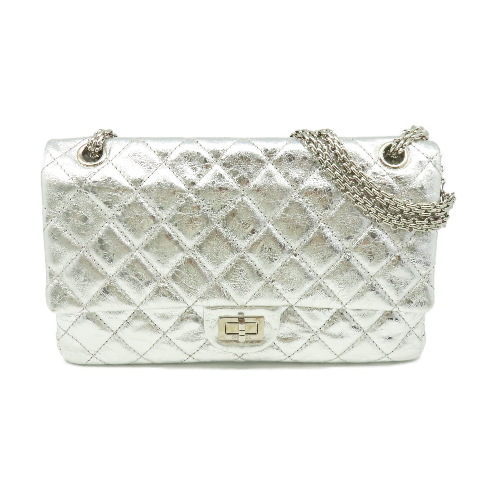CHANEL 菱格羊皮皮革2.55 Double Flap Chain Shoulder Bag銀扣鏈帶肩背袋銀色