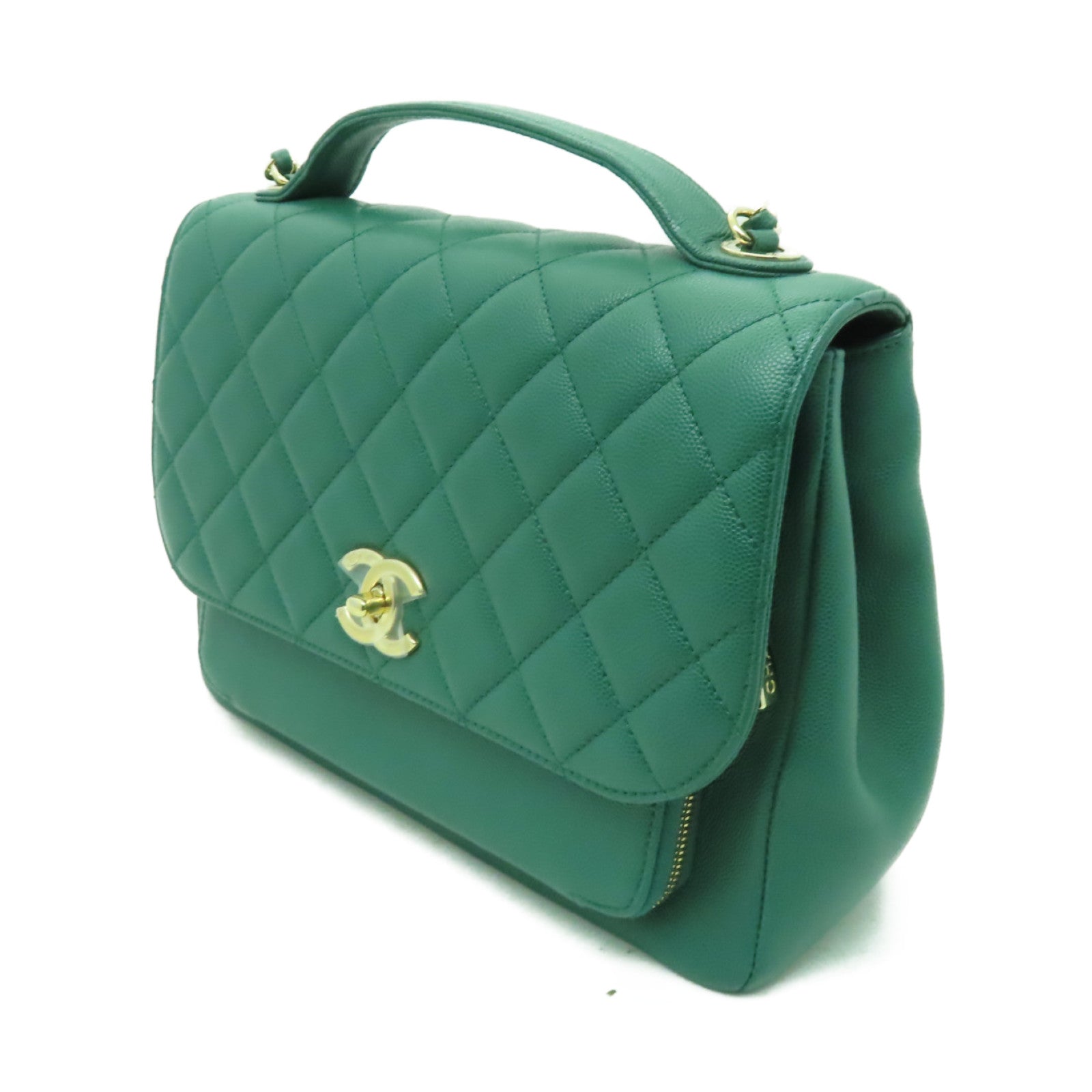 CHANEL 菱格Caviar皮革Business Affinty Bag金扣手挽肩背兩用袋綠色