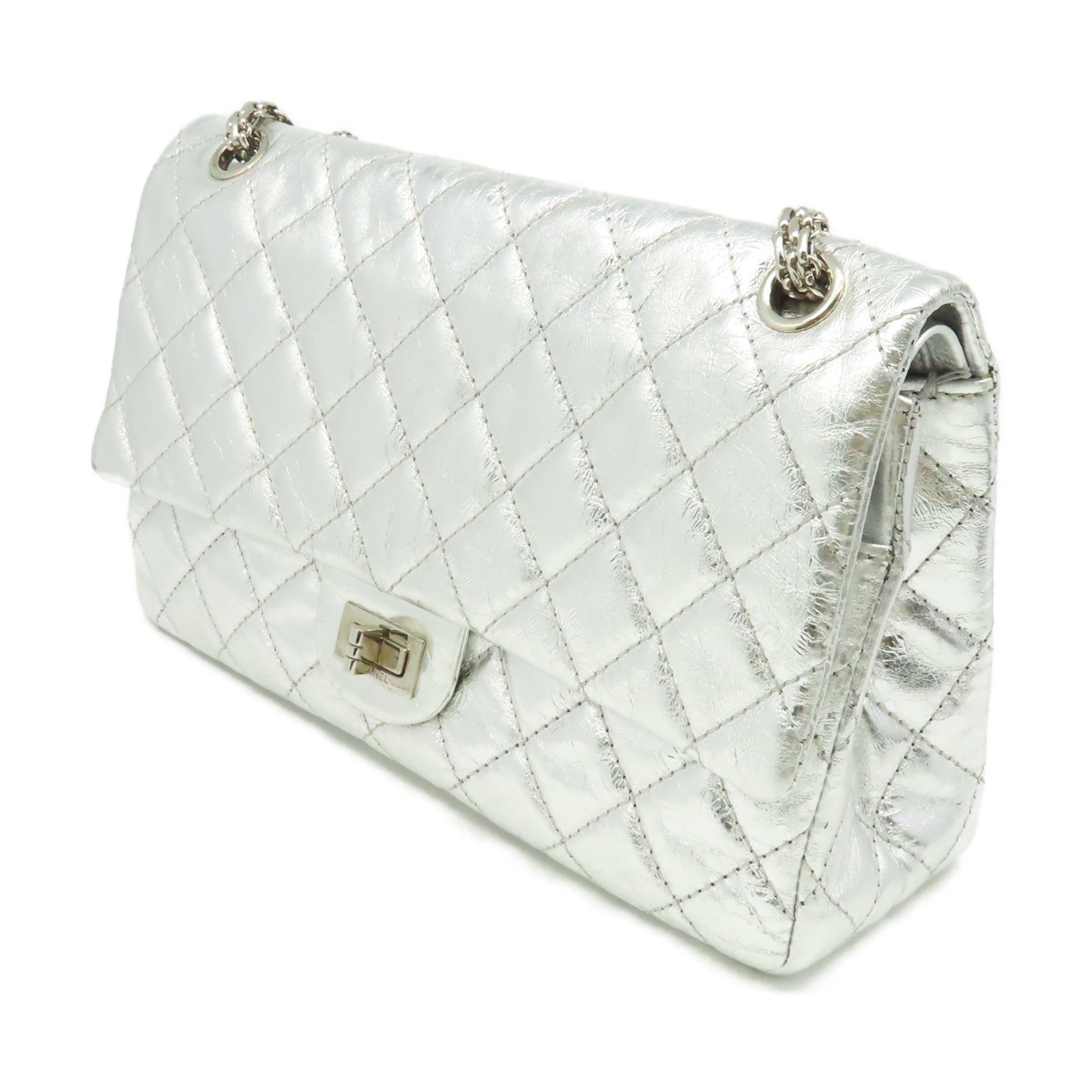 CHANEL 菱格羊皮皮革2.55 Double Flap Chain Shoulder Bag銀扣鏈帶肩背袋銀色