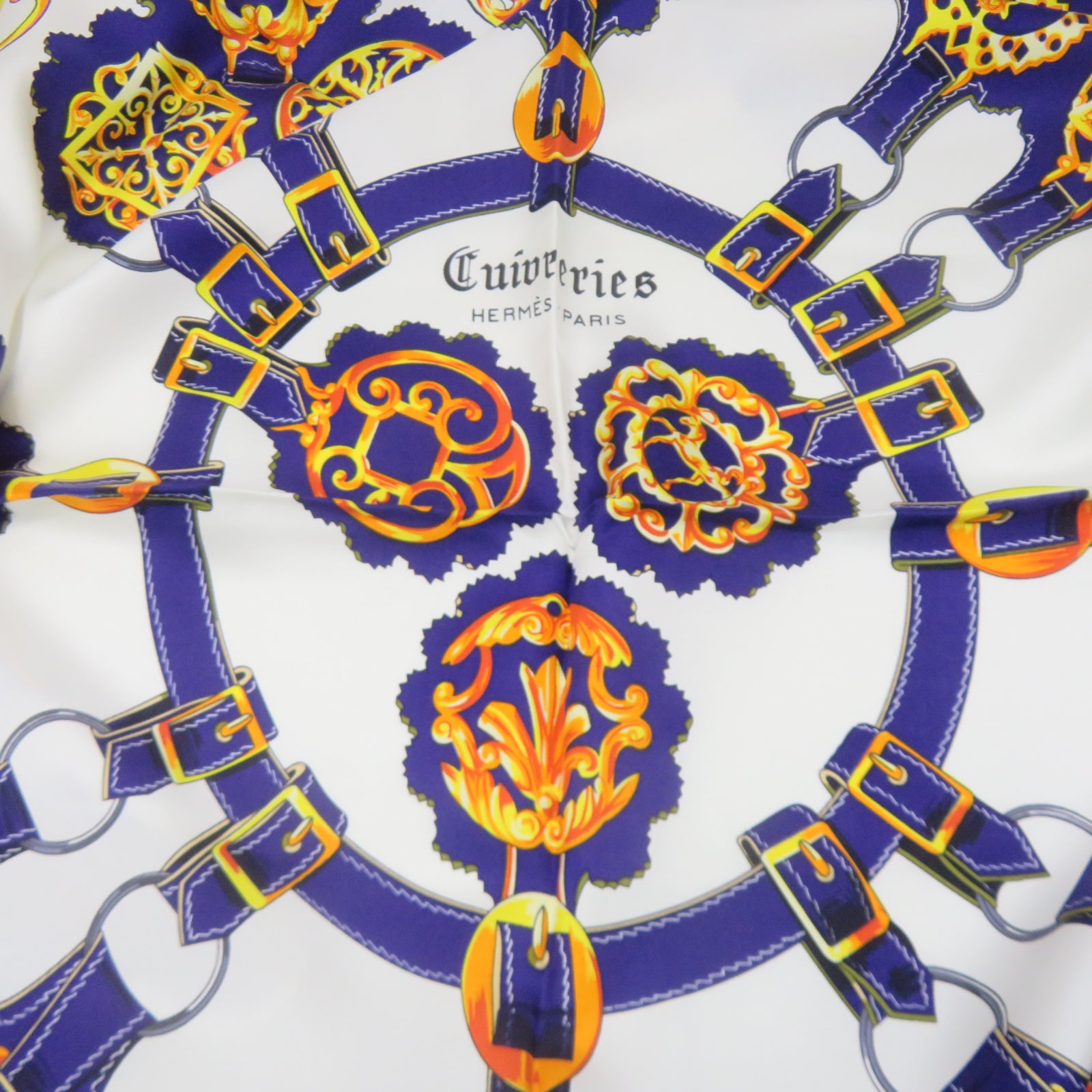 HERMES 絲質Scarf絲巾黃色/白色/藍色