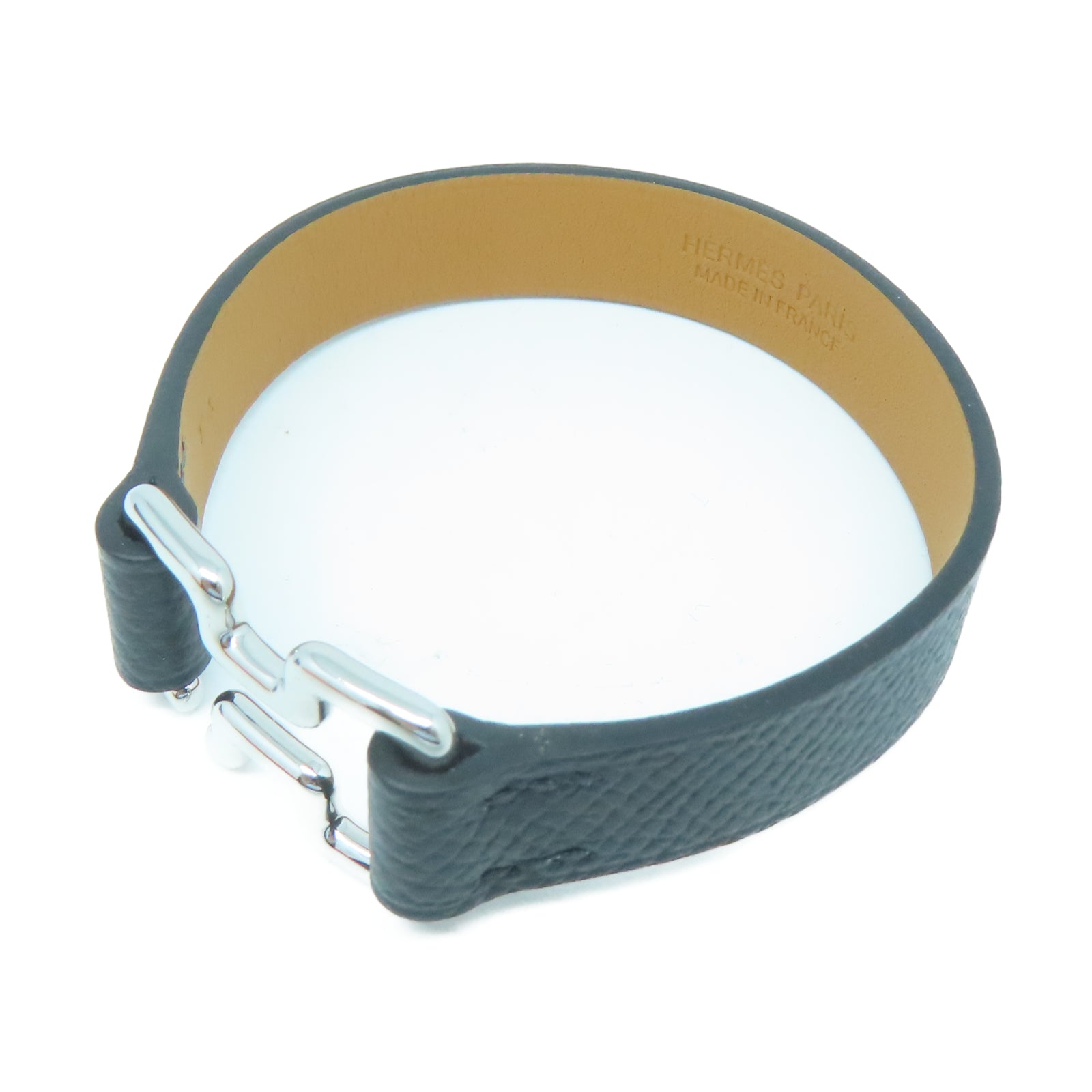 HERMES Veau Epsom皮革Tonight Bracelet銀扣手環黑色