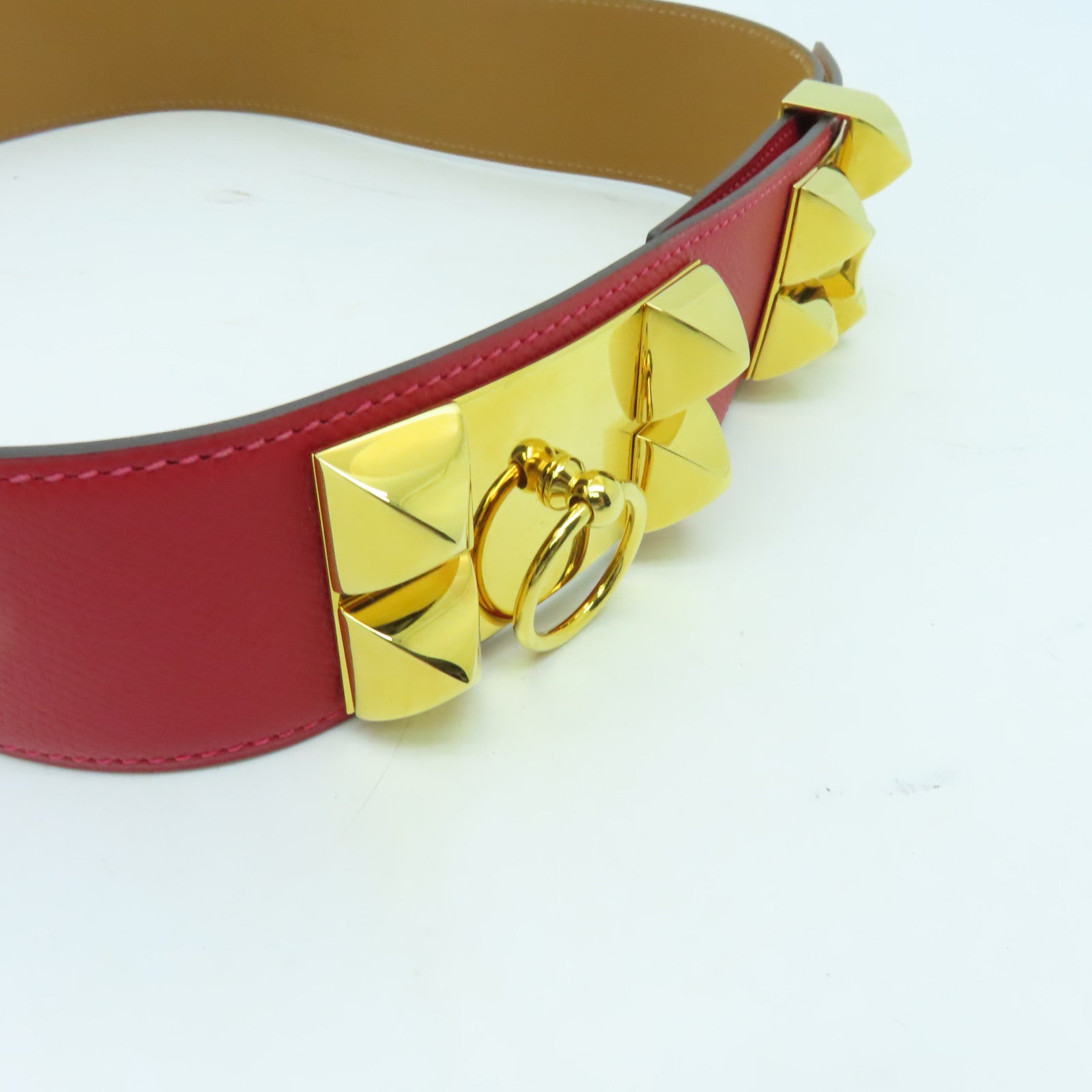 HERMES Epsom皮革Collier De Chien Belt 80cm金扣皮帶Rouge