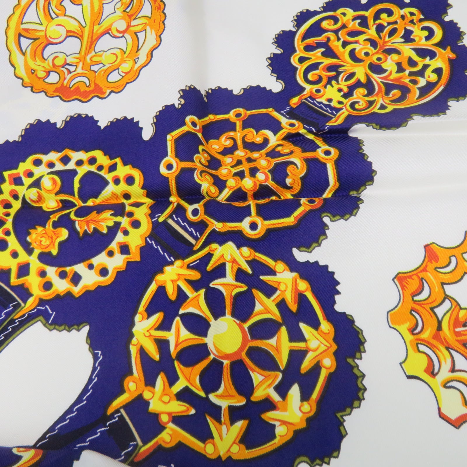 HERMES 絲質Scarf絲巾黃色/白色/藍色