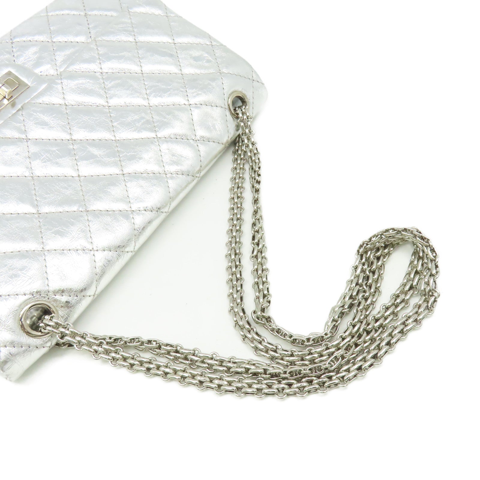 CHANEL 菱格羊皮皮革2.55 Double Flap Chain Shoulder Bag銀扣鏈帶肩背袋銀色