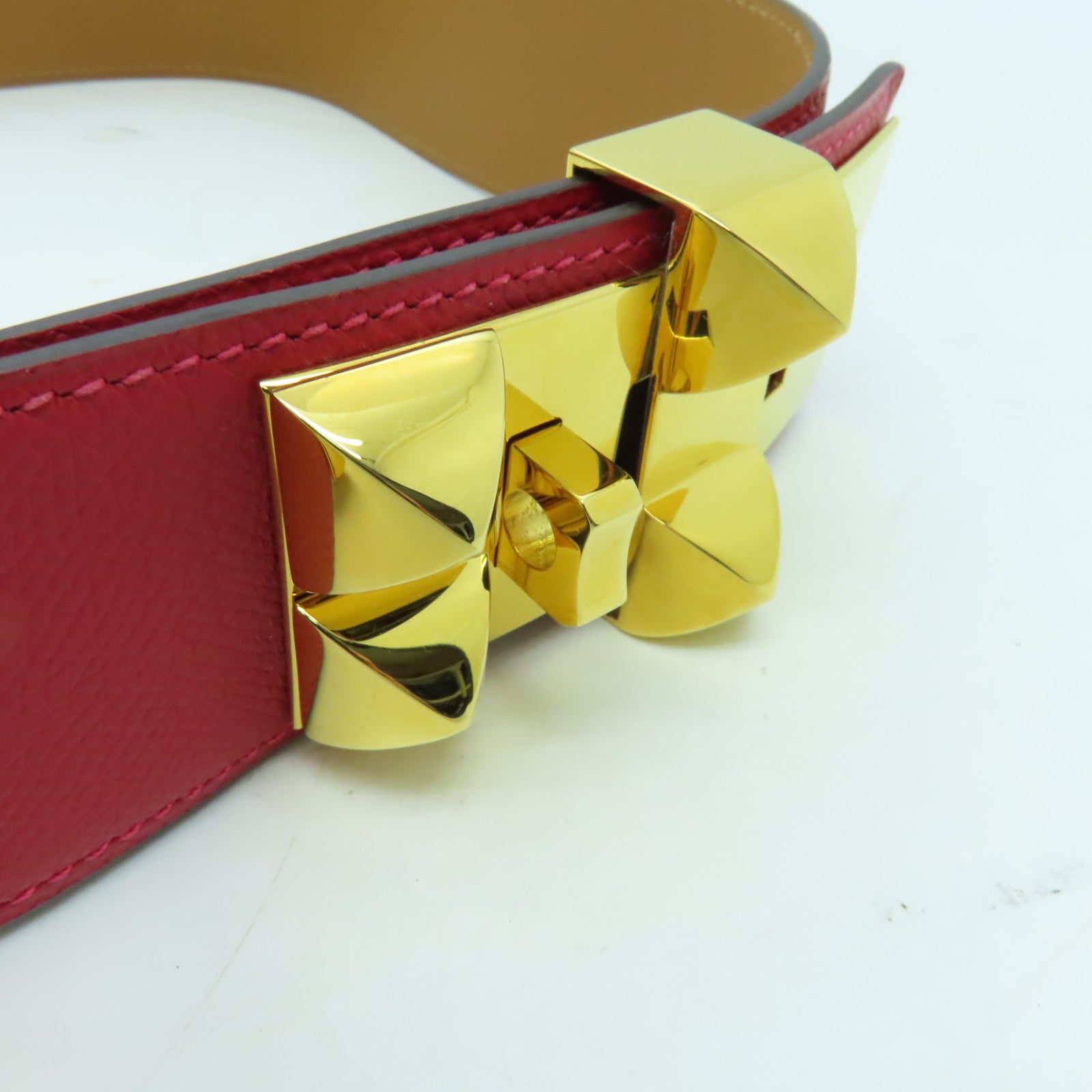 HERMES Epsom皮革Collier De Chien Belt 80cm金扣皮帶Rouge