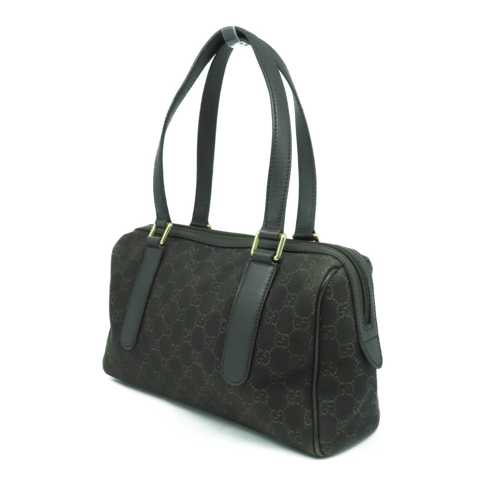 GUCCI 帆布/皮革Boston Bag金扣肩背袋啡色
