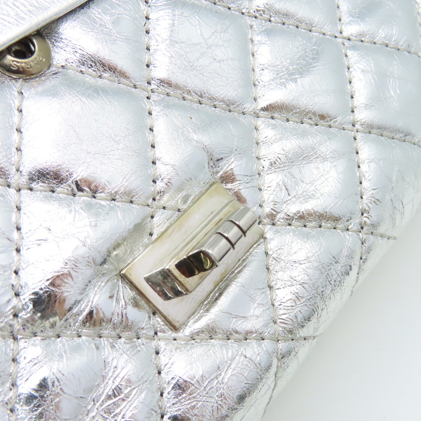 CHANEL 菱格羊皮皮革2.55 Double Flap Chain Shoulder Bag銀扣鏈帶肩背袋銀色