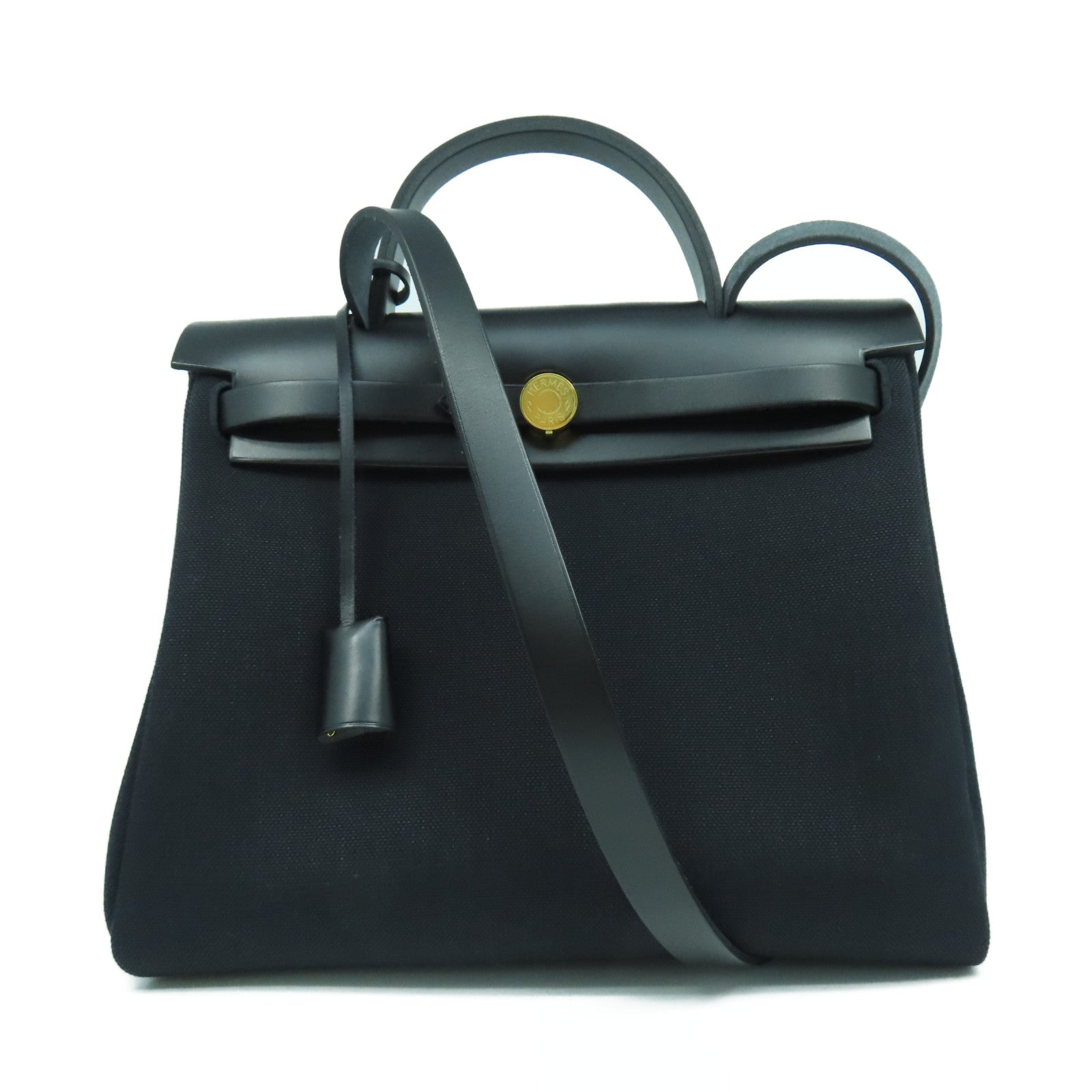 HERMES 帆布Herbag PM金扣手挽肩背兩用袋黑色