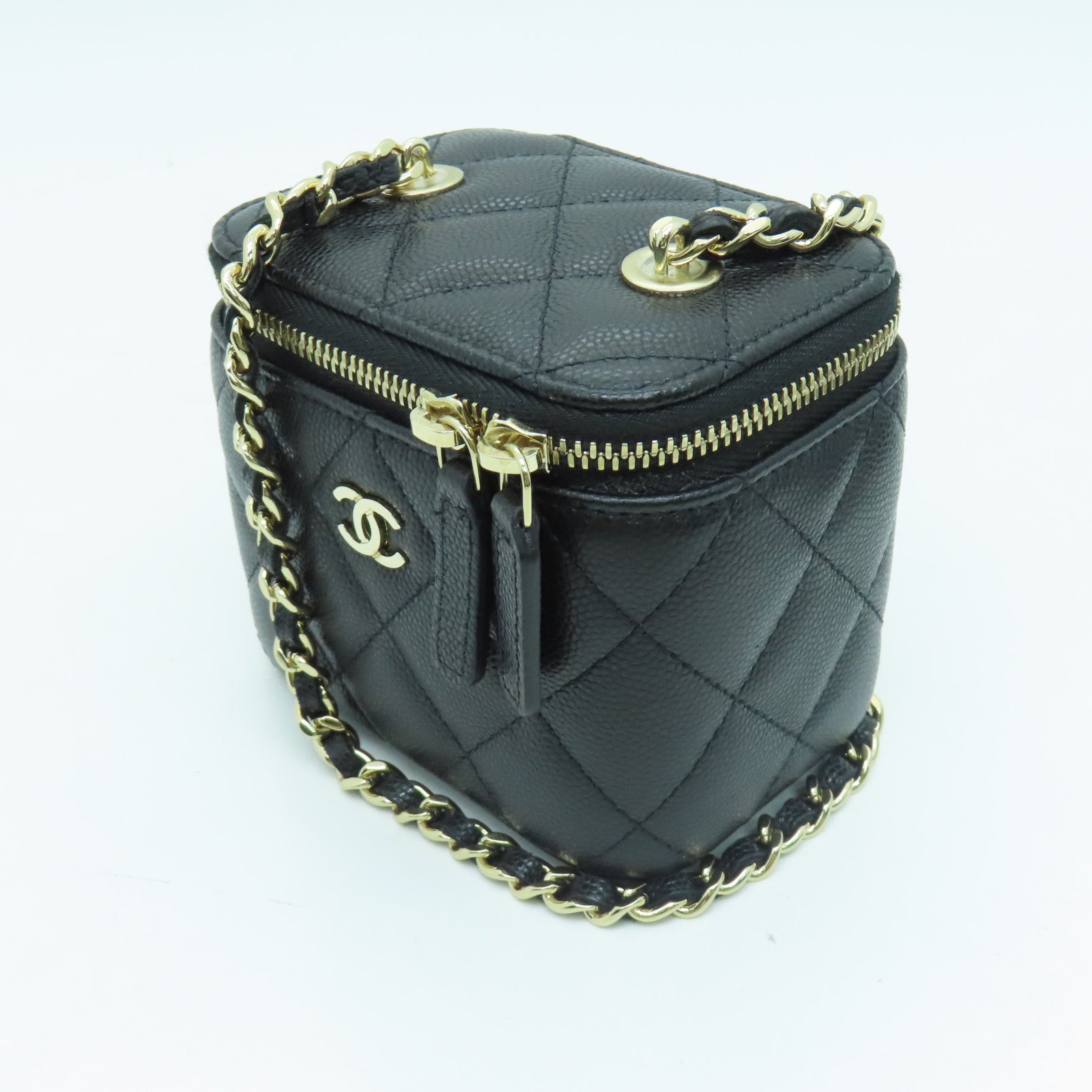 CHANEL 菱格Caviar皮革Small Vanity Case金扣链带肩背袋黑色