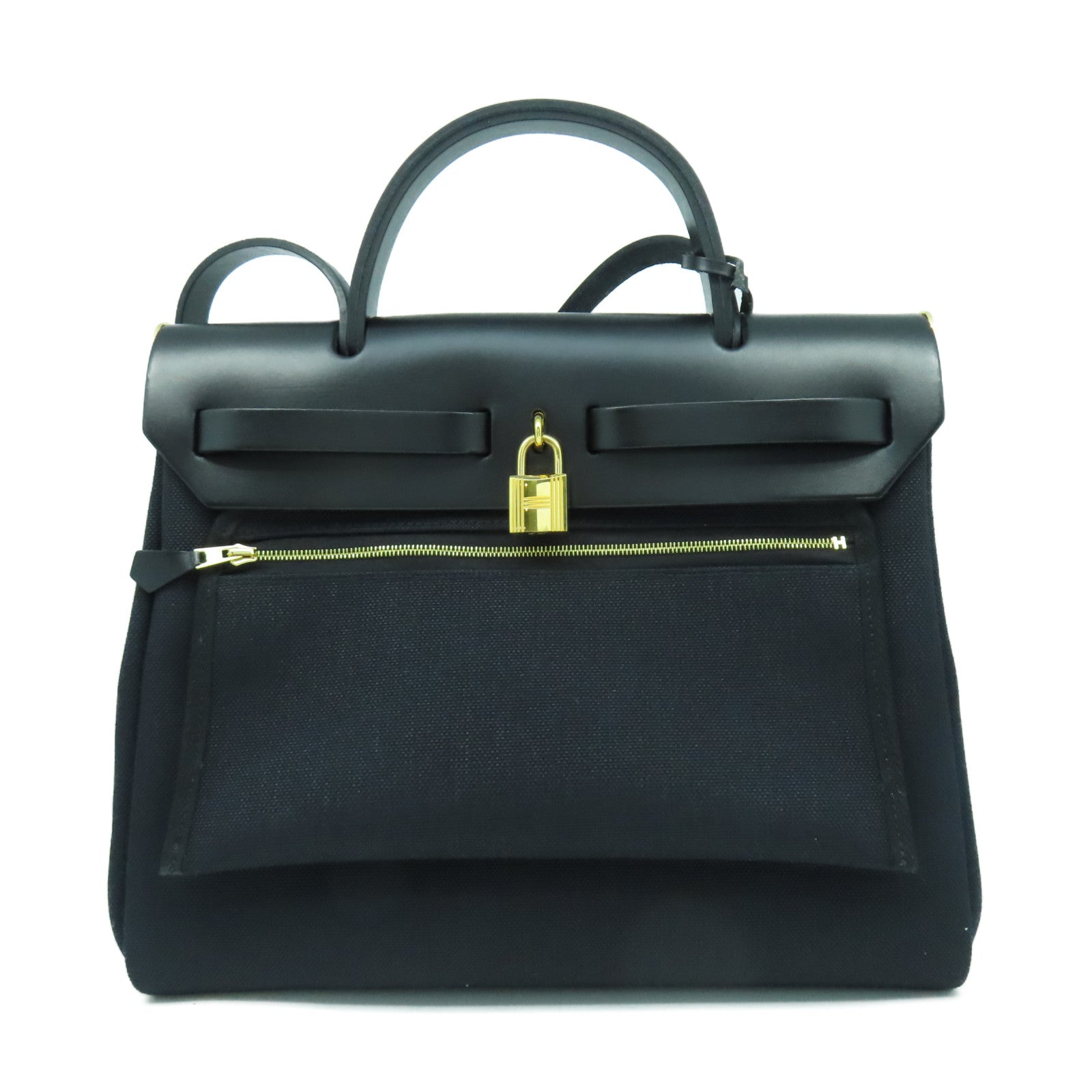 HERMES 帆布Herbag PM金扣手挽肩背兩用袋黑色