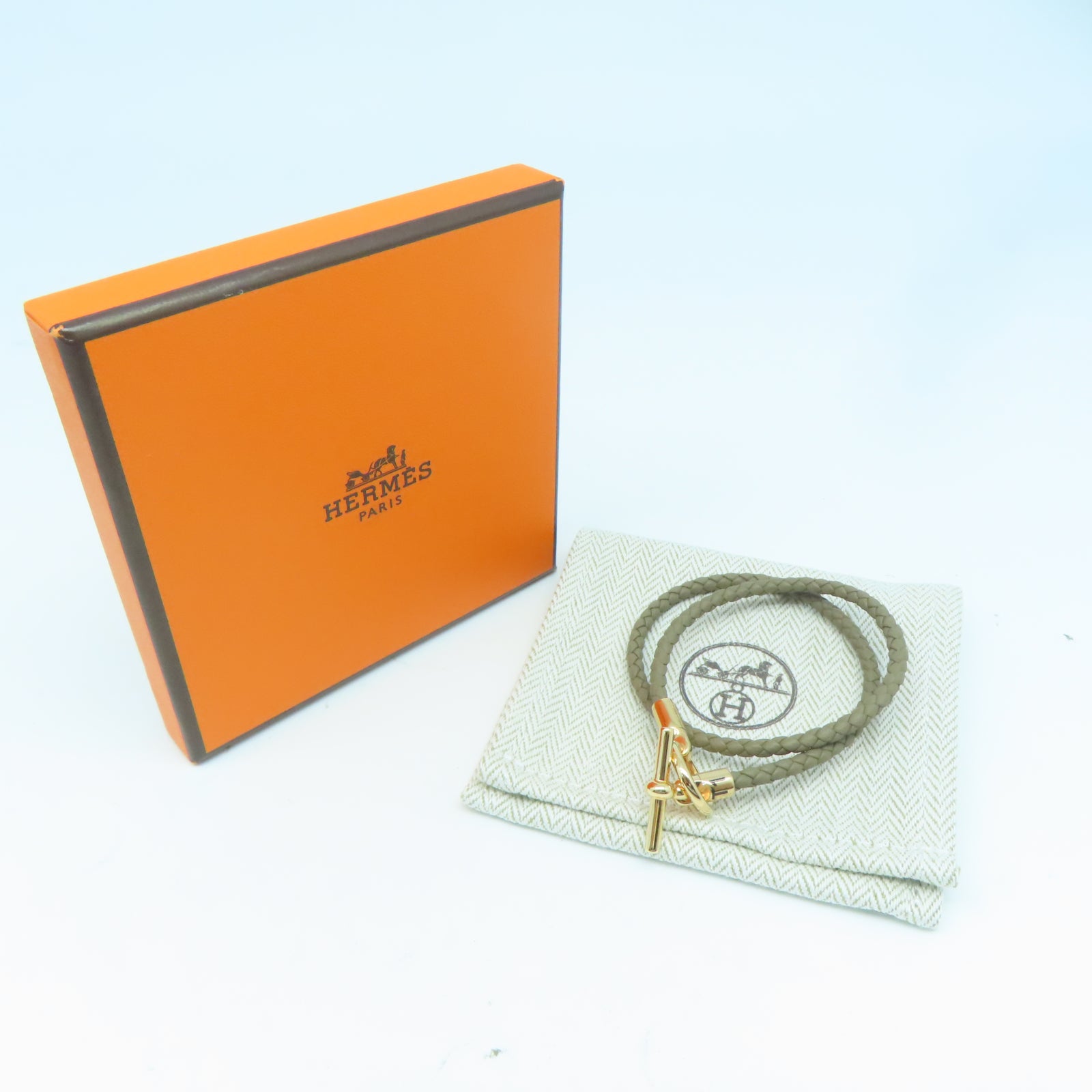 HERMES Swift皮革Glenan Double Tour Bracelet金扣手環大象灰色