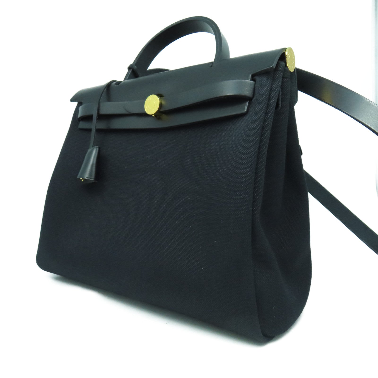 HERMES 帆布Herbag PM金扣手挽肩背兩用袋黑色