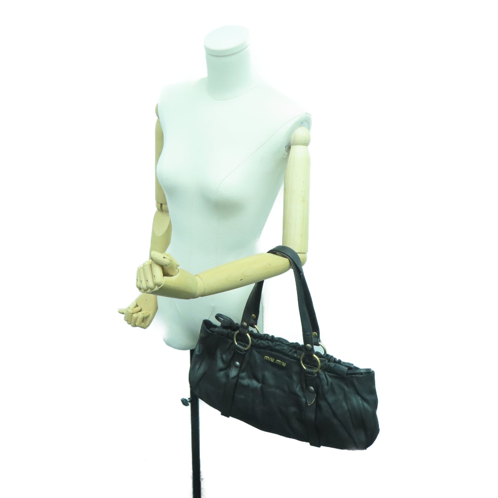 Miu Miu Sheepskin Leather 2 Way Shoulder Gold Buckle Handle Shoulder Bag Black