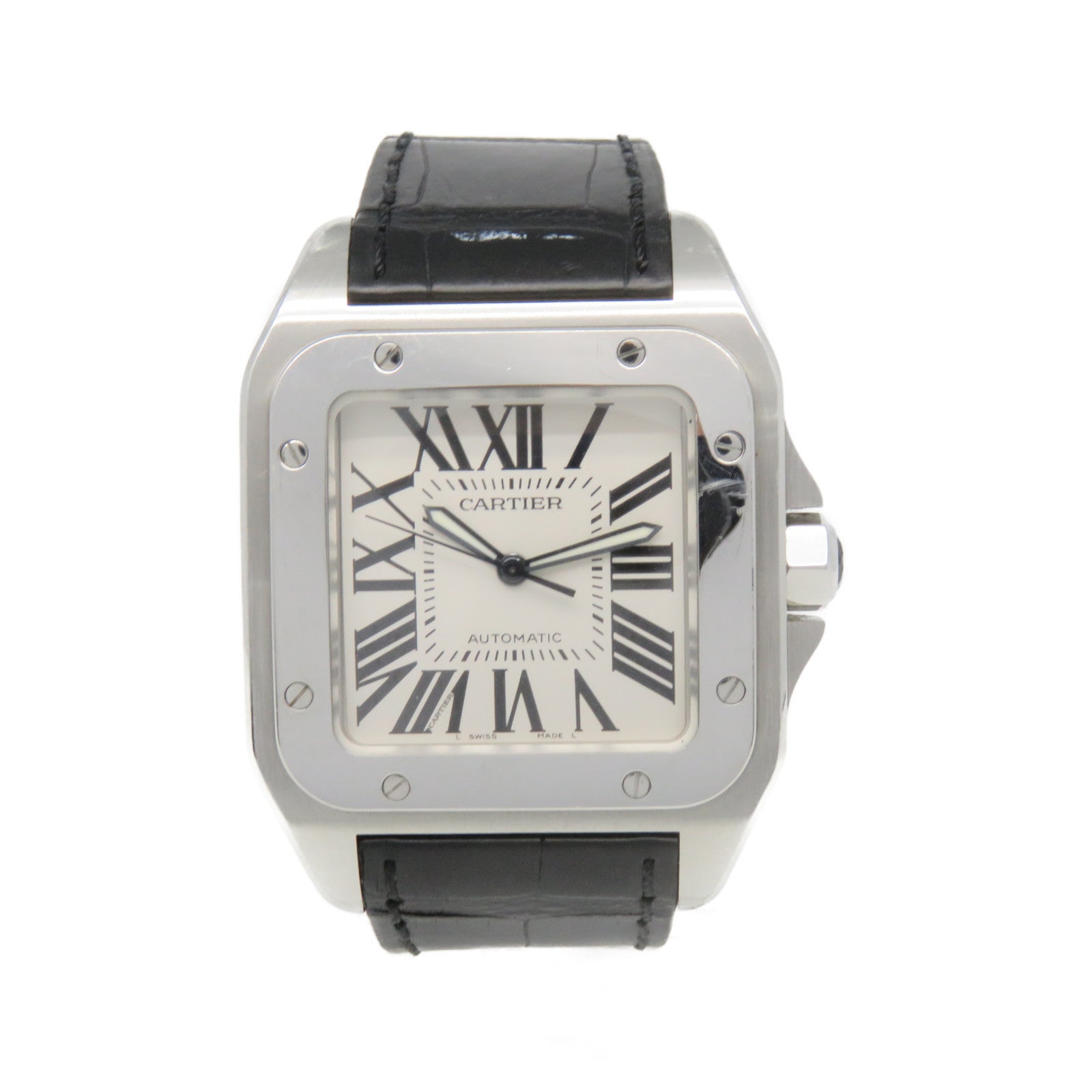 CARTIER Santos 100 Watch不锈钢/皮革自动机芯手表米白色/黑色