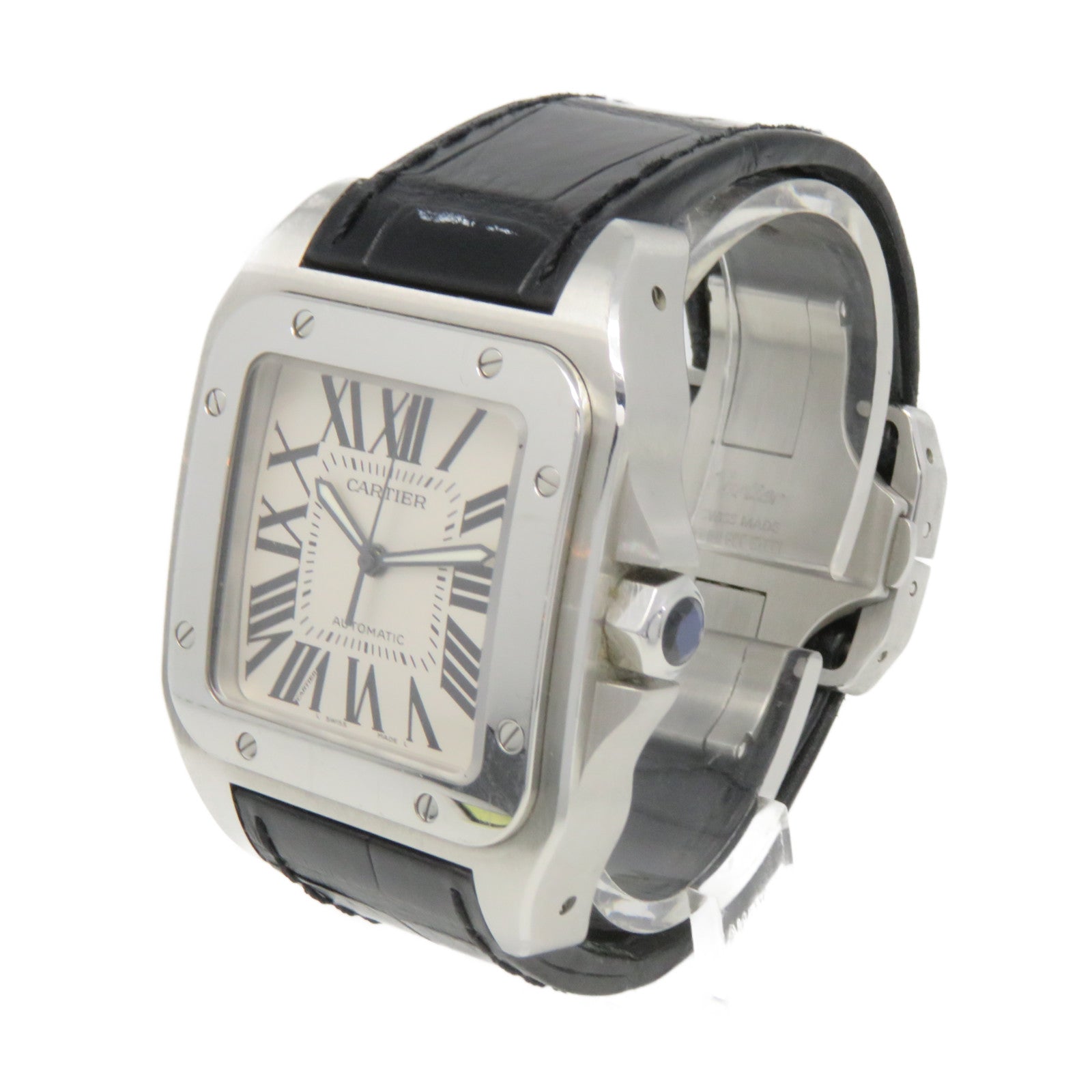 CARTIER Santos 100 Watch不锈钢/皮革自动机芯手表米白色/黑色
