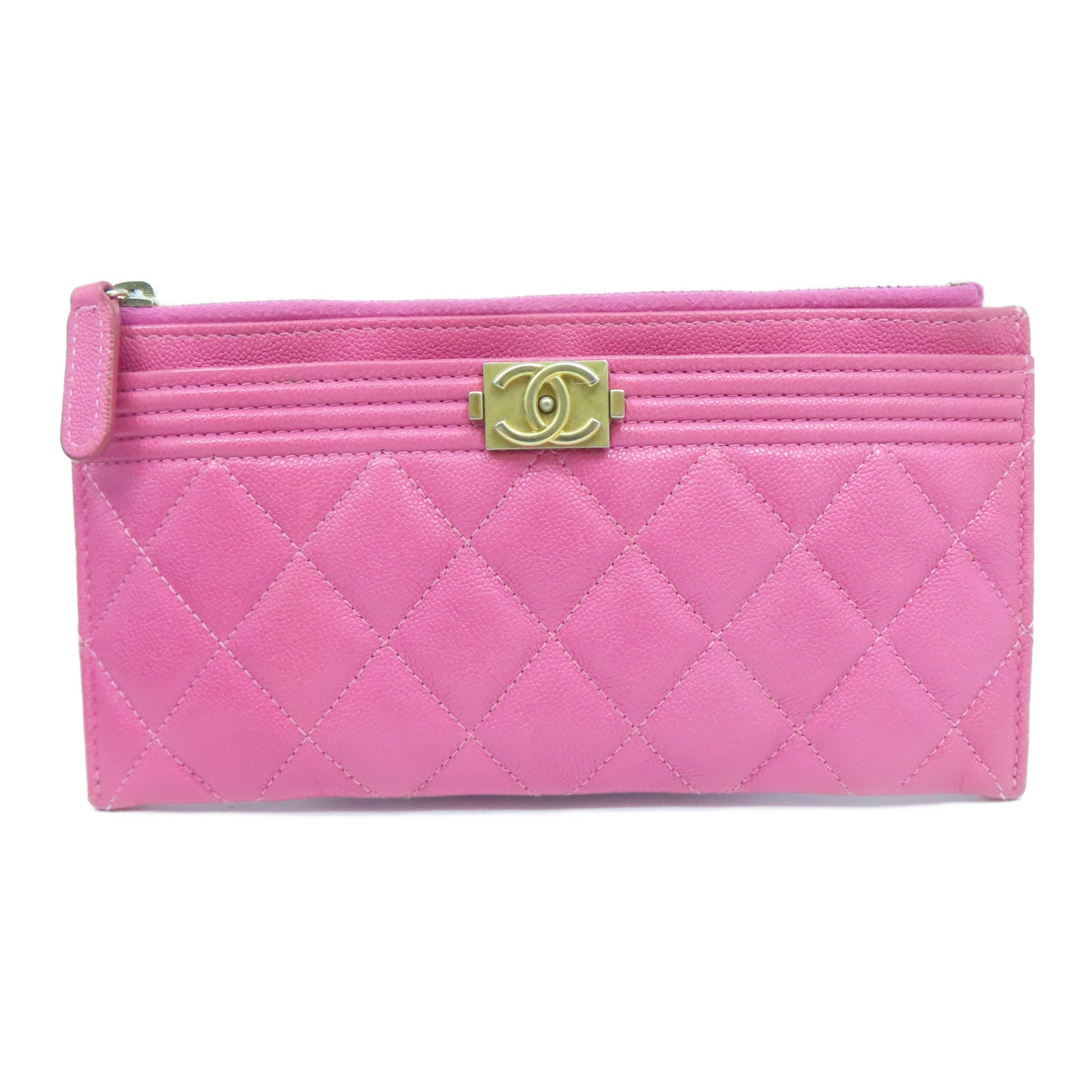 CHANEL 菱格Caviar皮革Pouch Wallet金扣長錢包粉紅色
