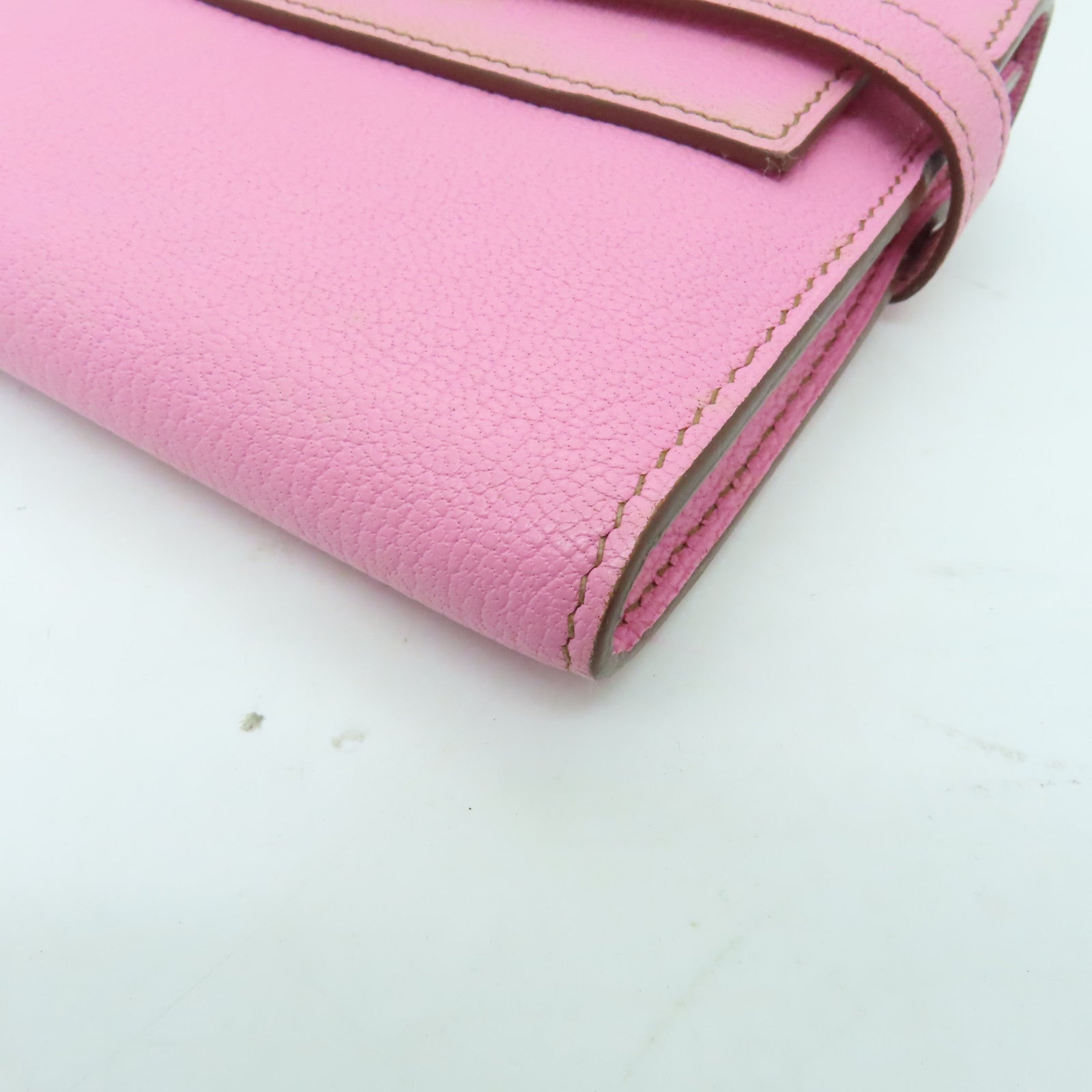 HERMES Chevre皮革Kelly Classic銀扣長錢包粉紅色