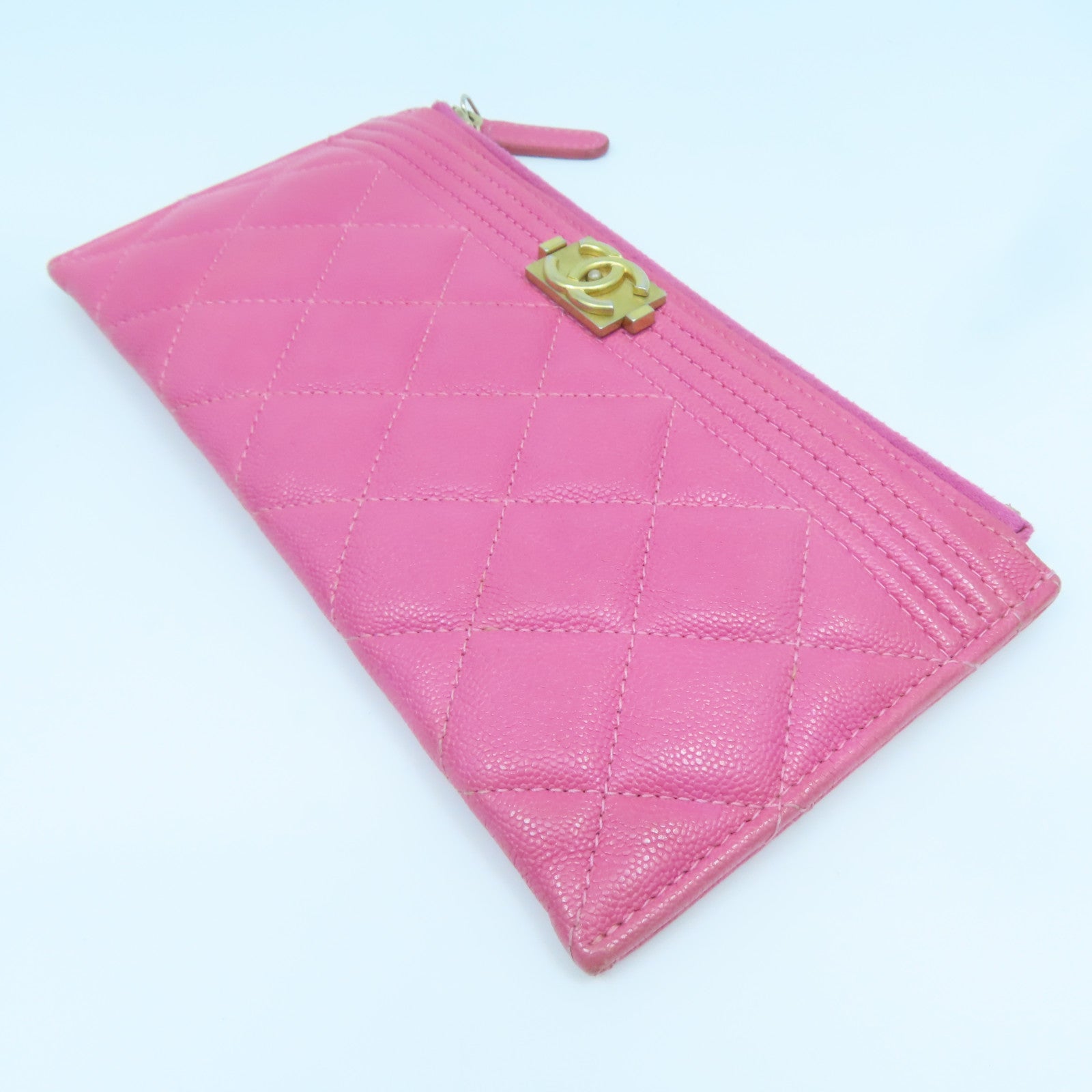 CHANEL 菱格Caviar皮革Pouch Wallet金扣長錢包粉紅色