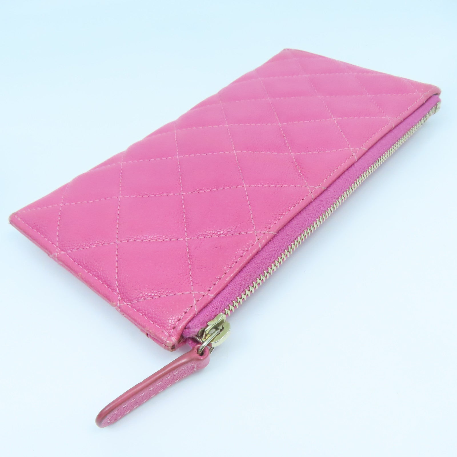 CHANEL 菱格Caviar皮革Pouch Wallet金扣長錢包粉紅色