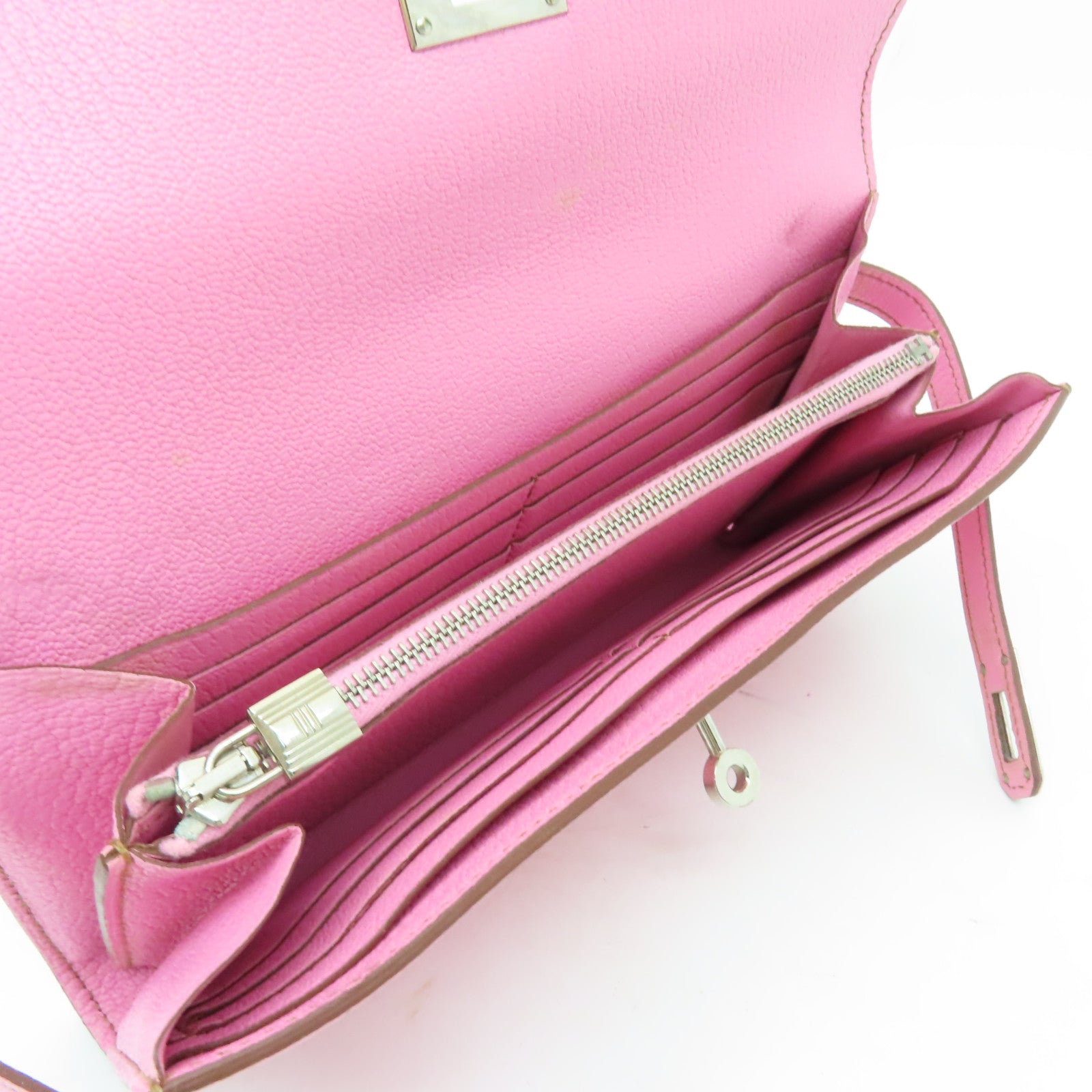 HERMES Chevre皮革Kelly Classic銀扣長錢包粉紅色