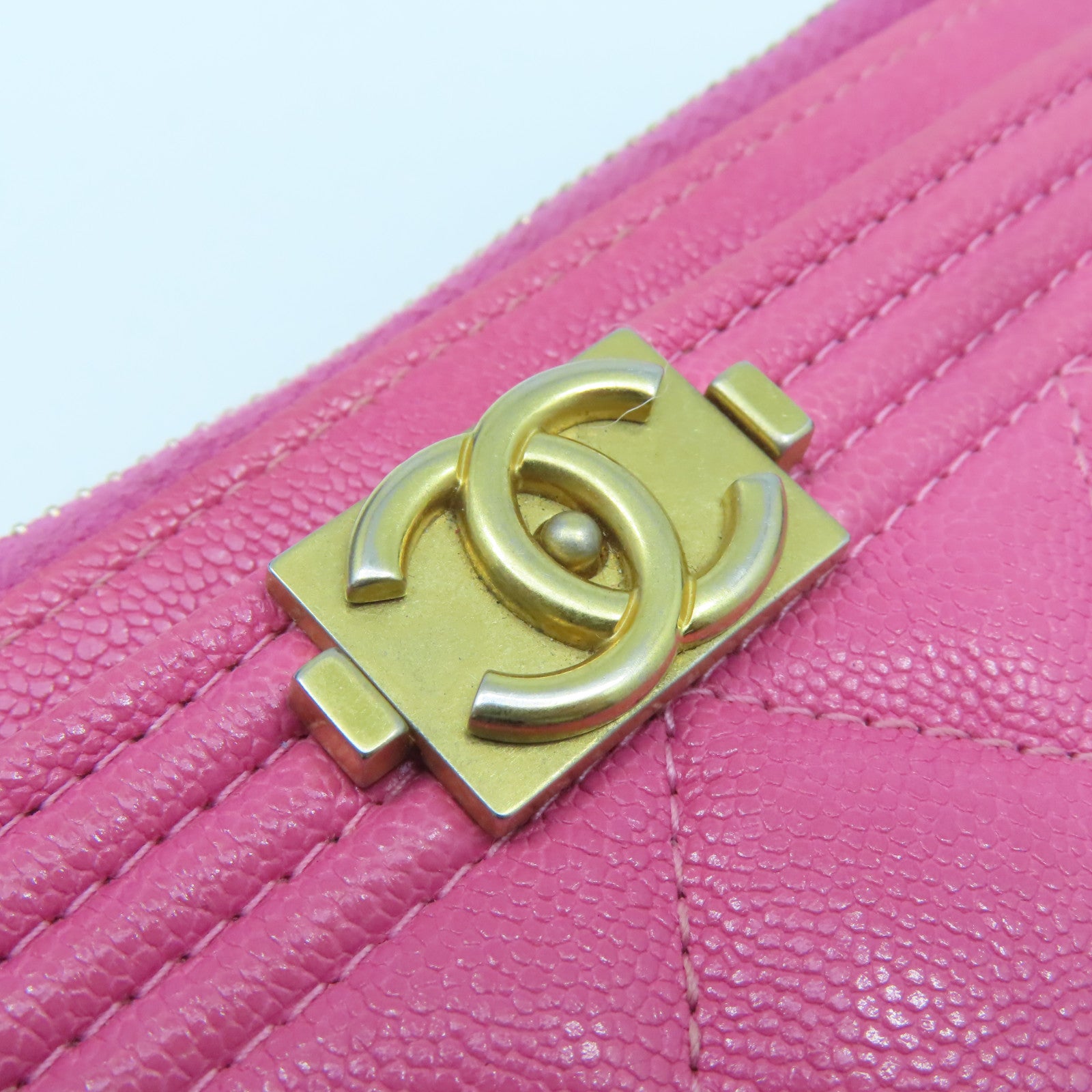 CHANEL 菱格Caviar皮革Pouch Wallet金扣長錢包粉紅色