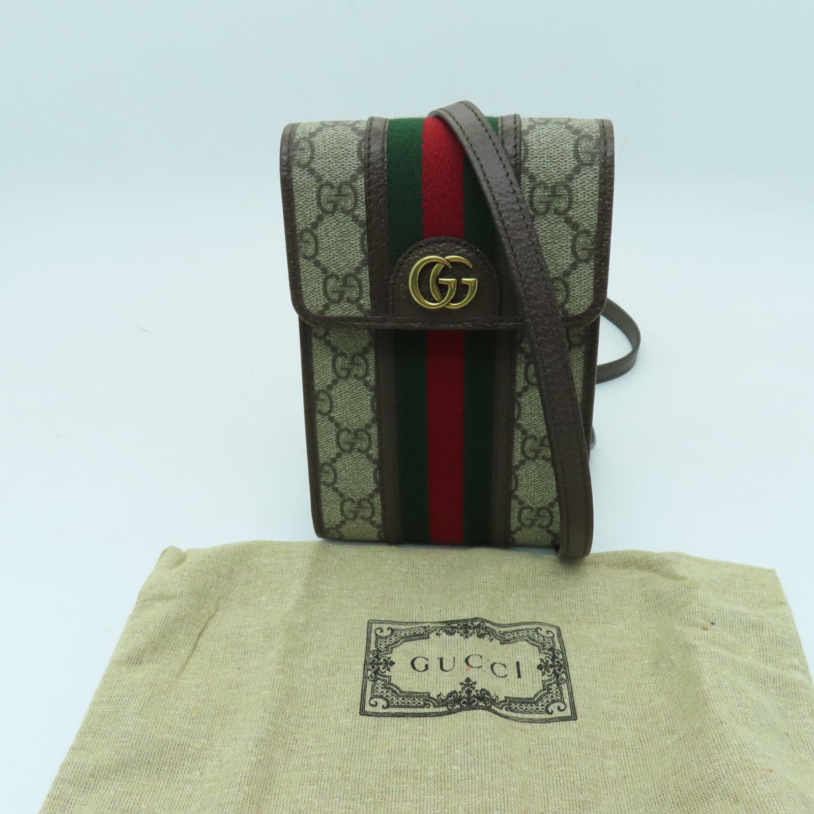 GUCCI 塗層帆布OPHIDIA金扣肩背袋米色/棕色
