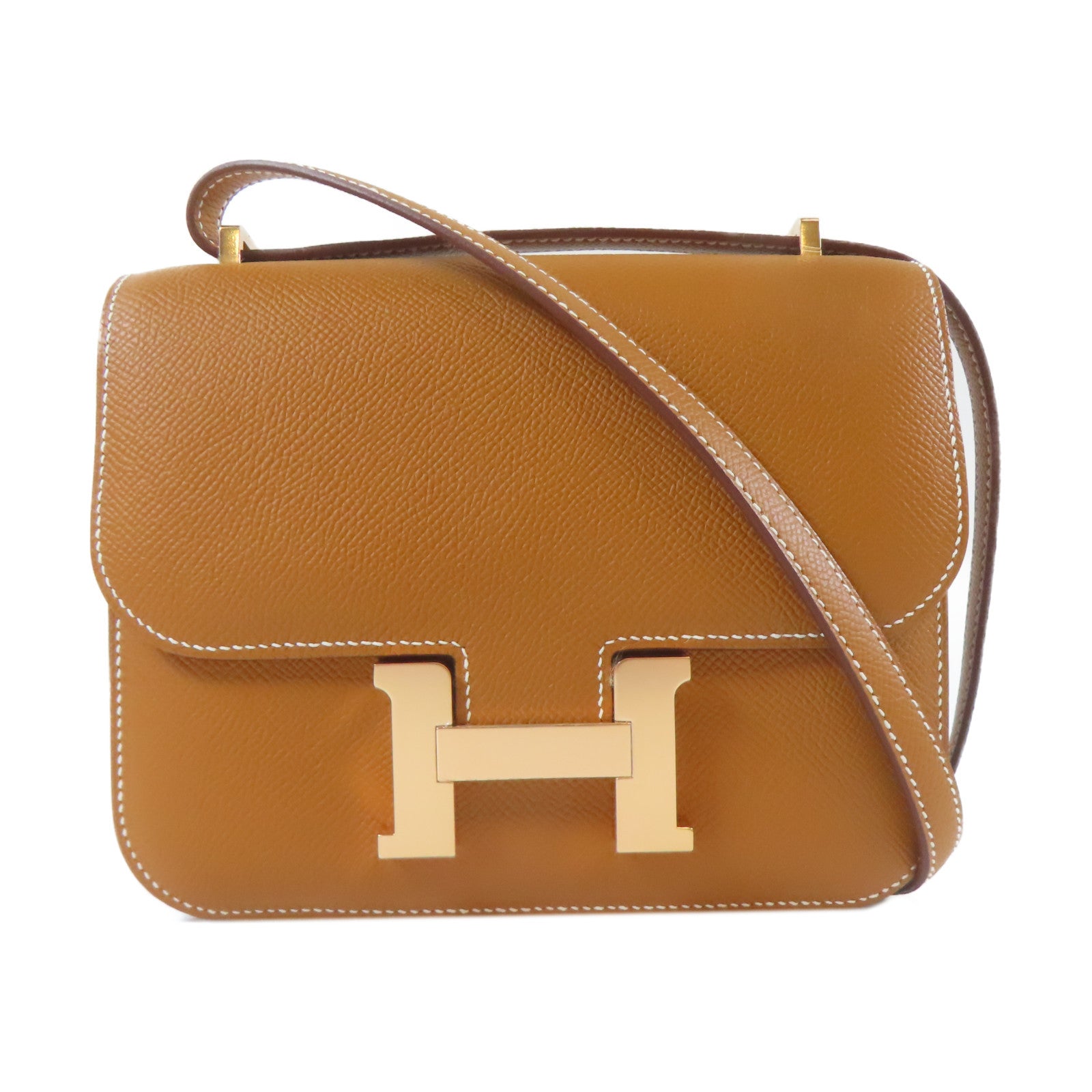 HERMES Veau Epsom皮革Constance Mini金扣肩背袋金色/經典駝色