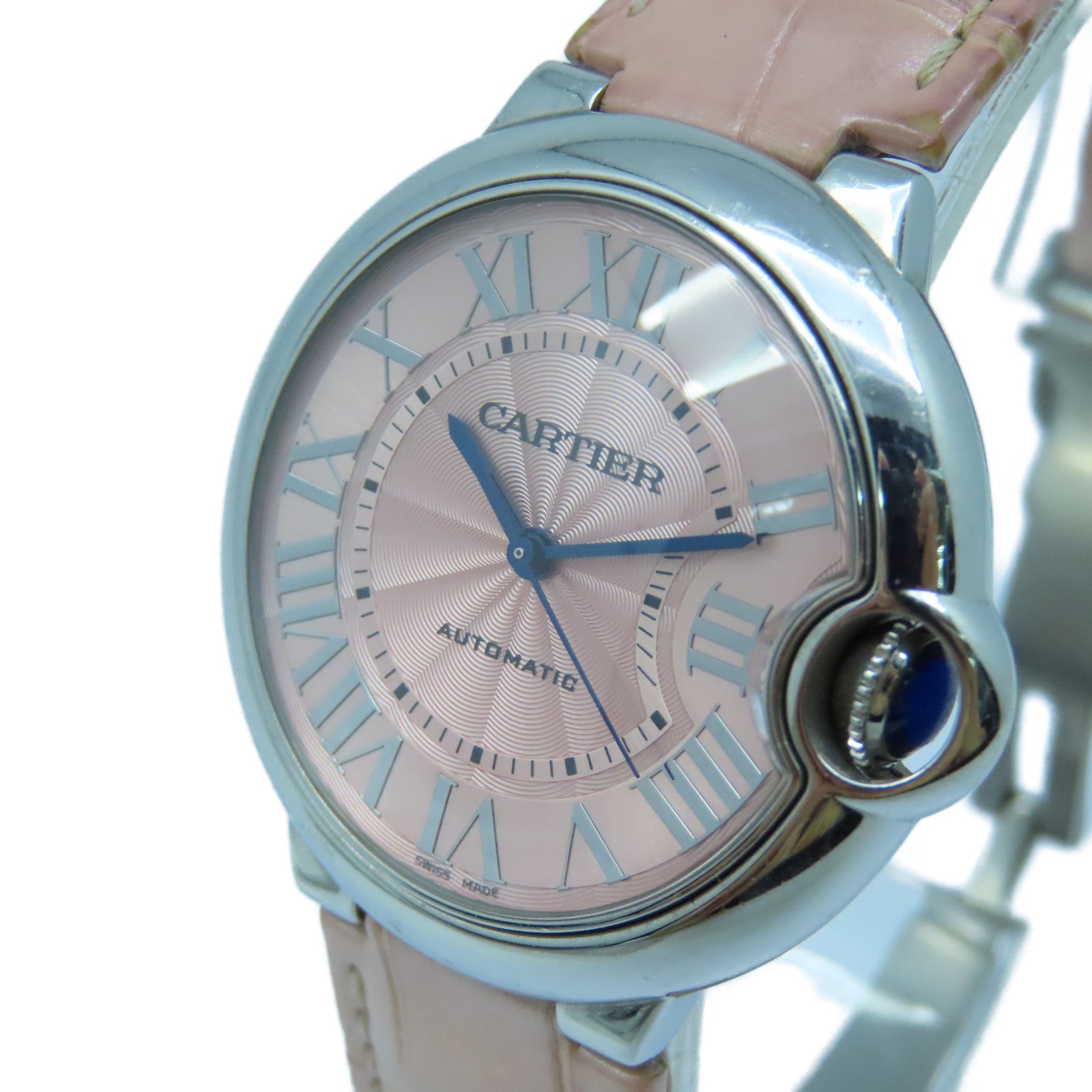 CARTIER Ballon Blue皮革帶/不鏽鋼自動機芯手錶粉紅色