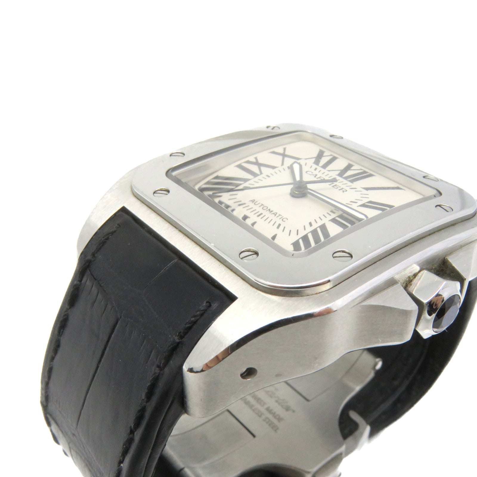 CARTIER Santos 100 Watch不锈钢/皮革自动机芯手表米白色/黑色
