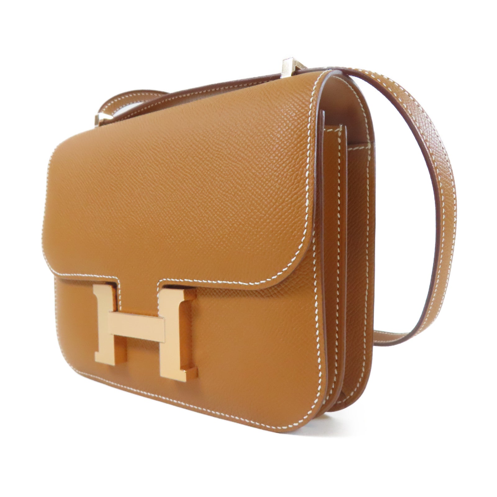 HERMES Veau Epsom皮革Constance Mini金扣肩背袋金色/經典駝色