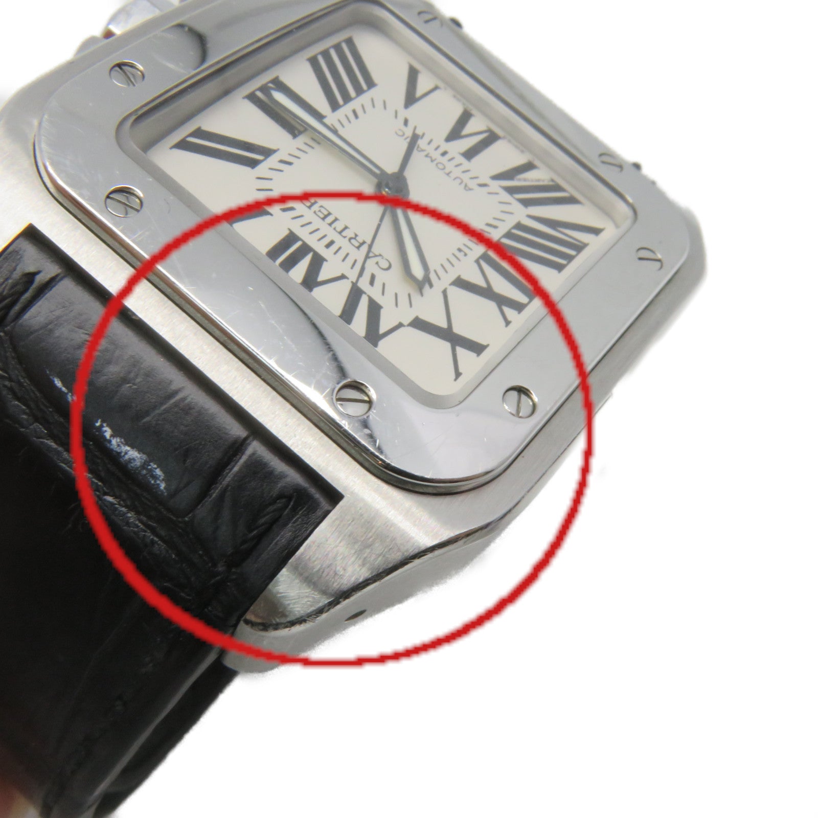 CARTIER Santos 100 Watch不锈钢/皮革自动机芯手表米白色/黑色