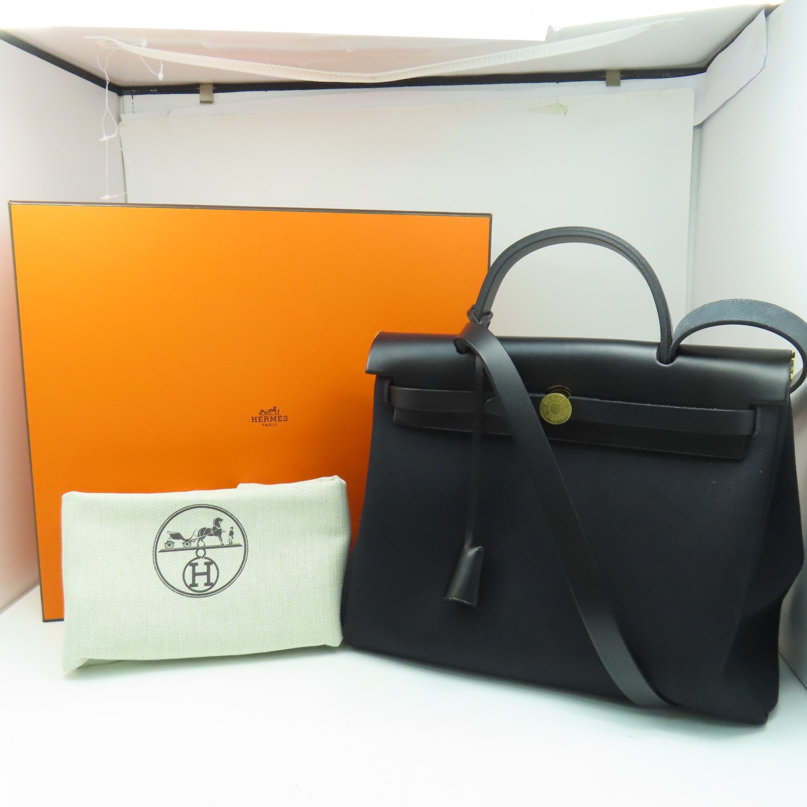 HERMES 帆布Herbag PM金扣手挽肩背兩用袋黑色