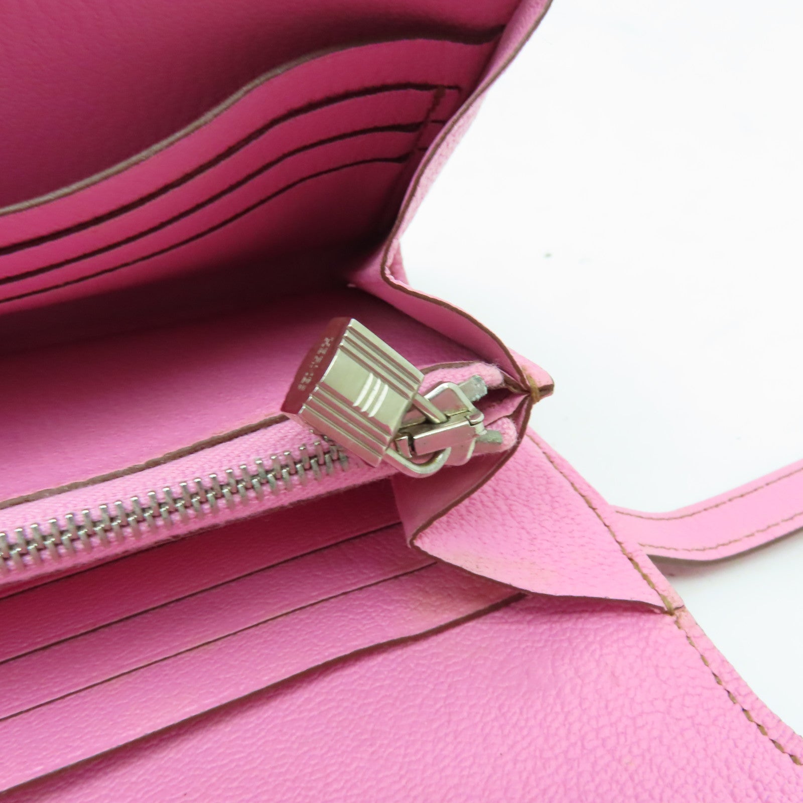 HERMES Chevre皮革Kelly Classic銀扣長錢包粉紅色