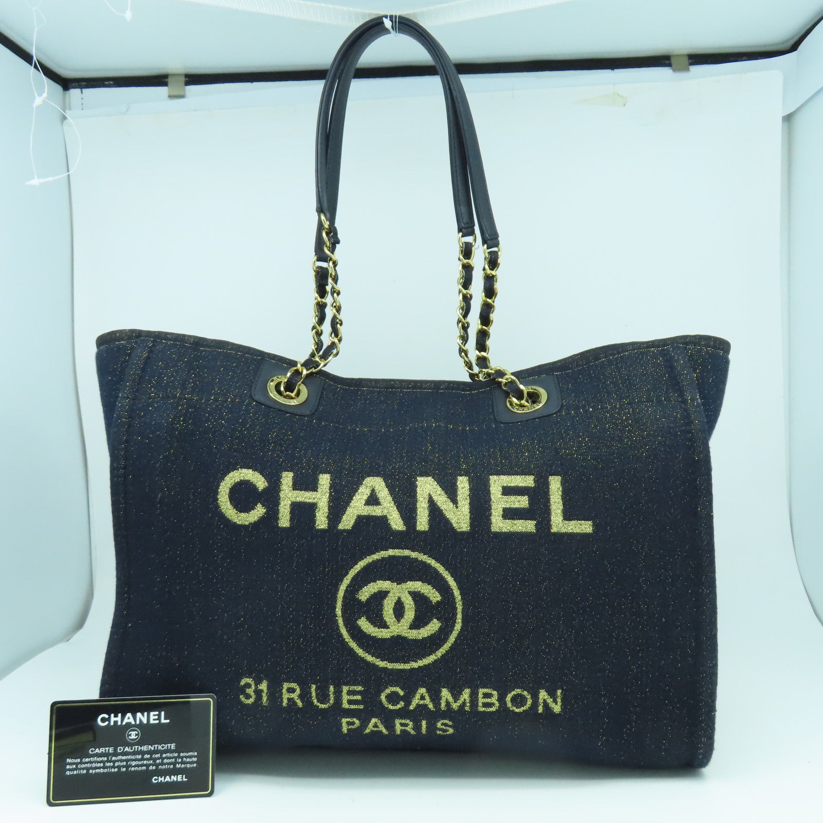 CHANEL 帆布Deauville Tote金扣肩背袋藍色