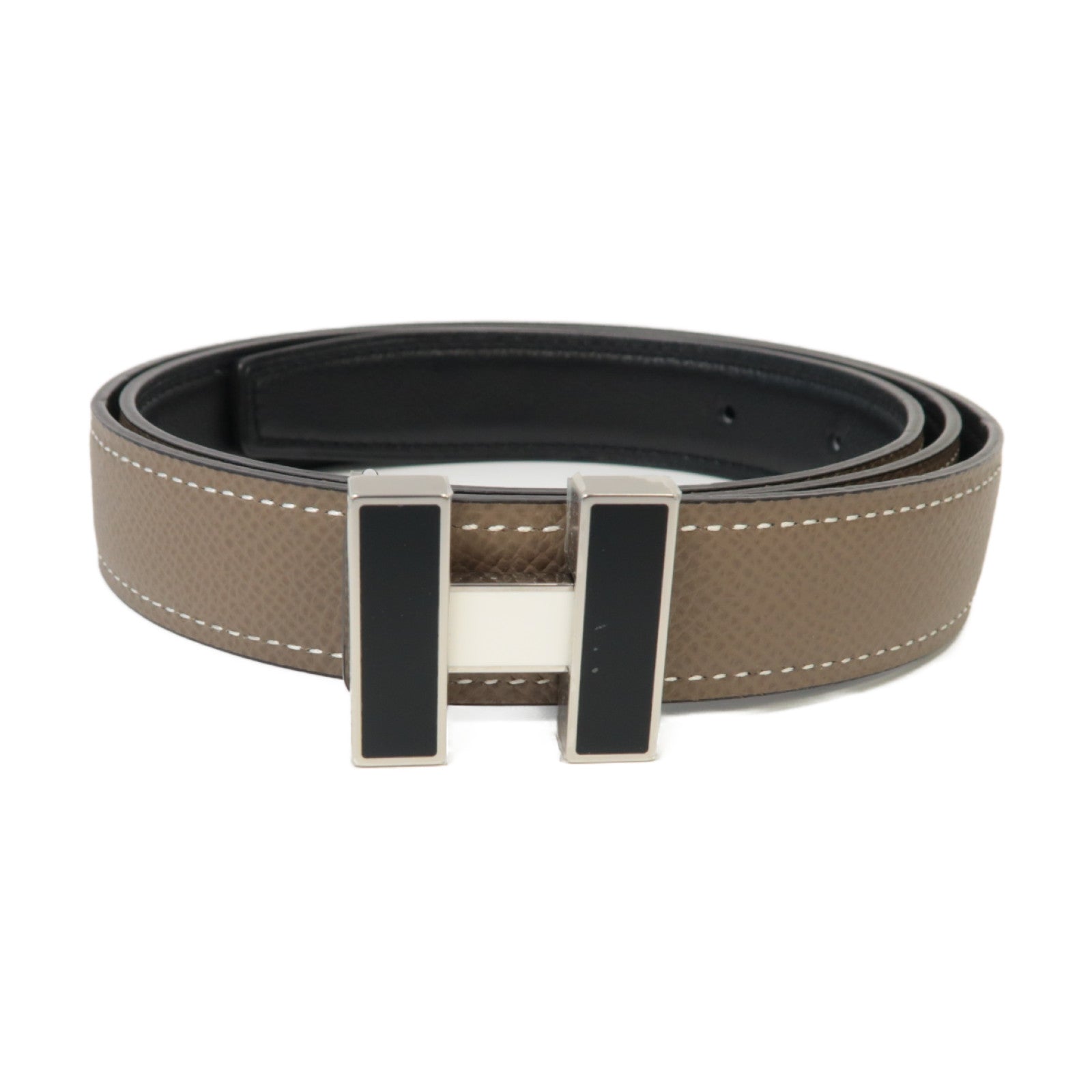 HERMES Epsom/Swift皮革Belt 85cm銀扣皮帶米色/黒色