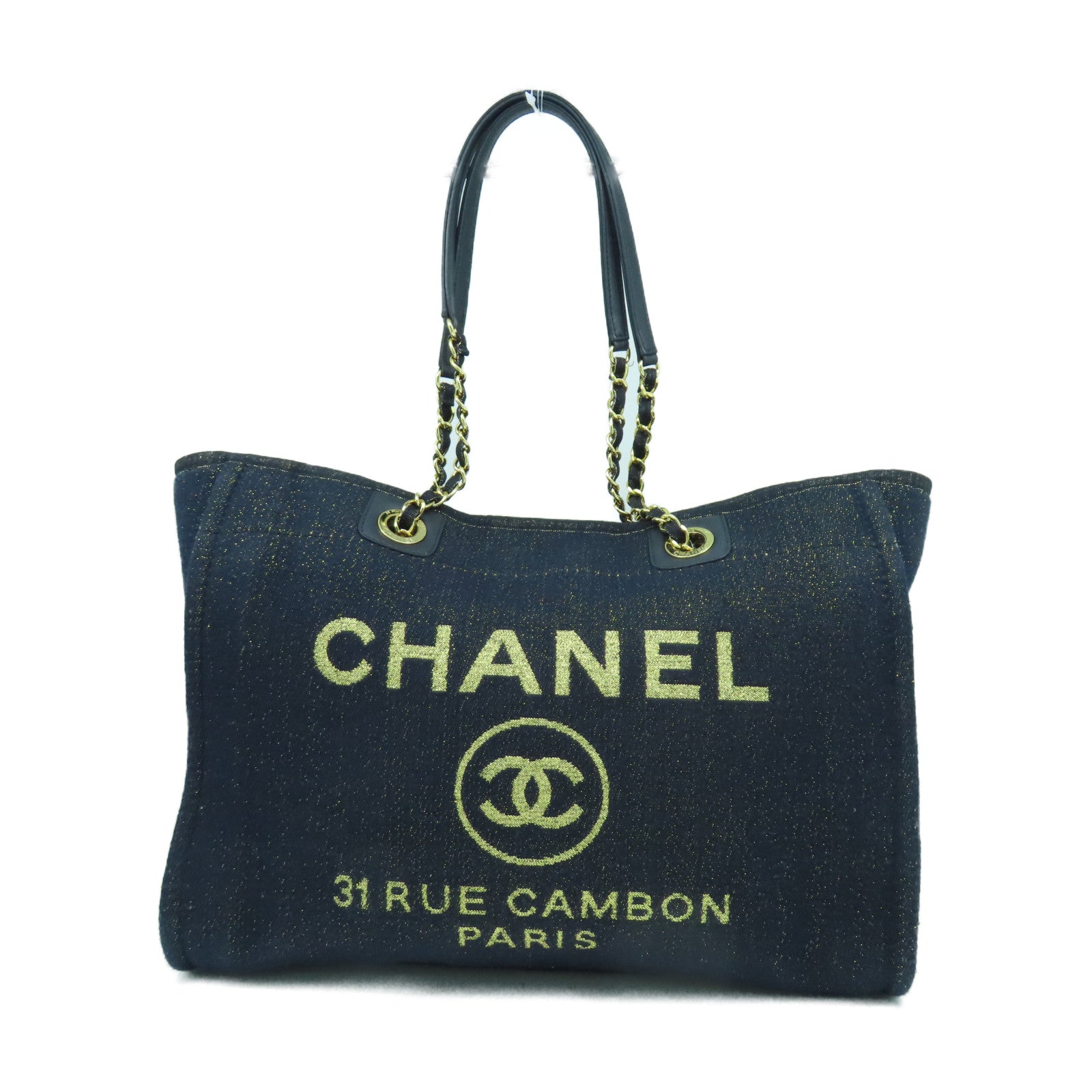 CHANEL 帆布Deauville Tote金扣肩背袋藍色
