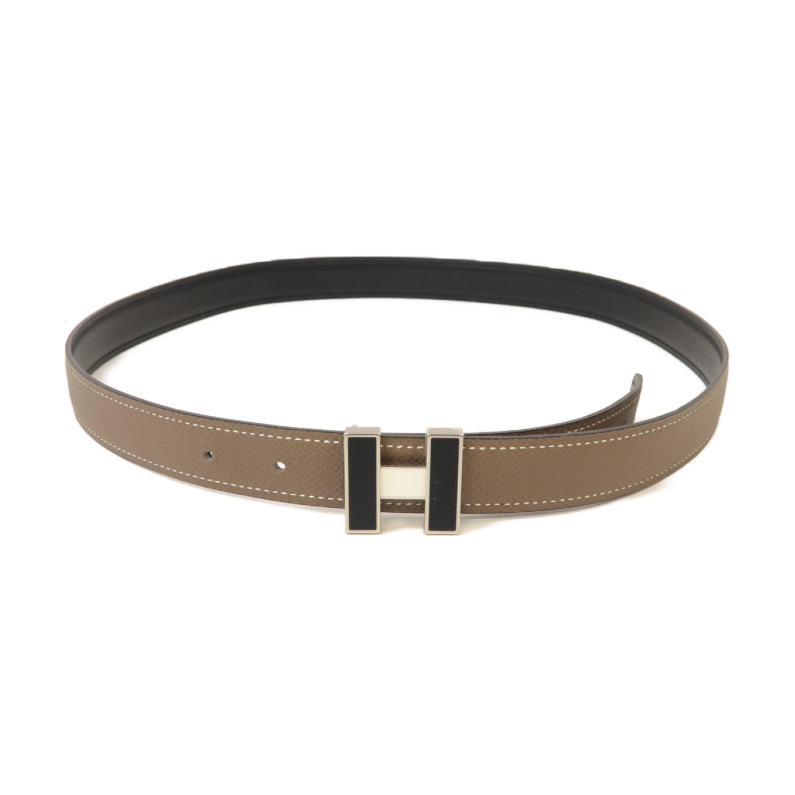HERMES Epsom/Swift皮革Belt 85cm銀扣皮帶米色/黒色