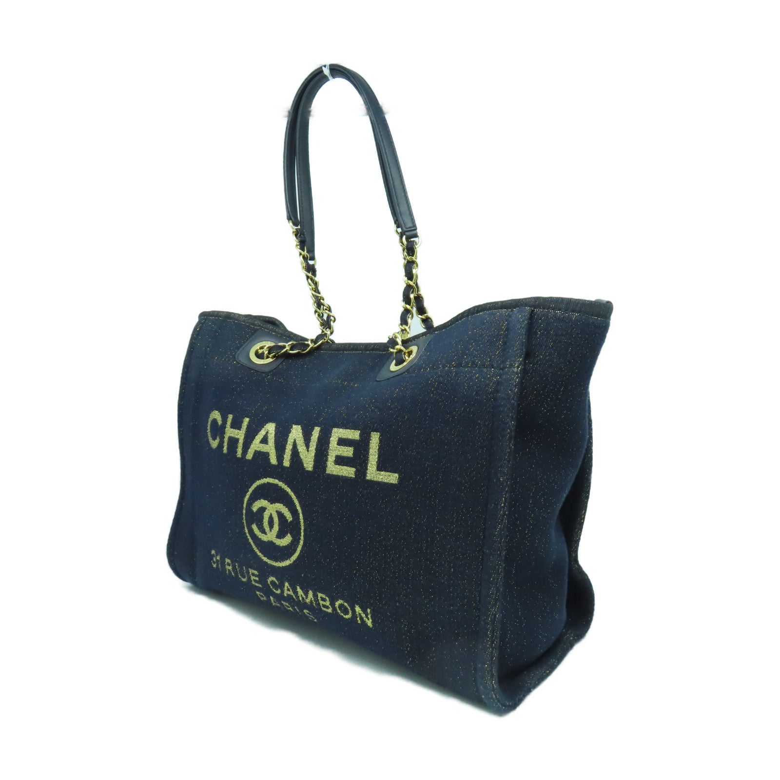 CHANEL 帆布Deauville Tote金扣肩背袋藍色