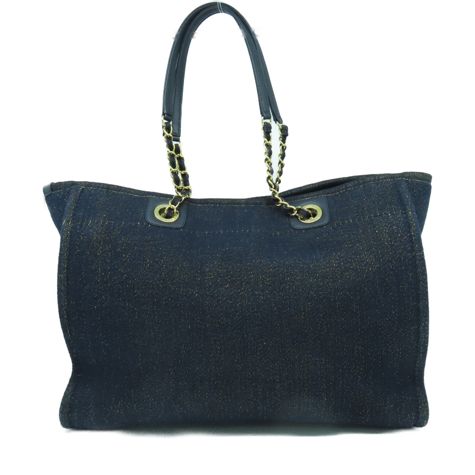CHANEL 帆布Deauville Tote金扣肩背袋藍色