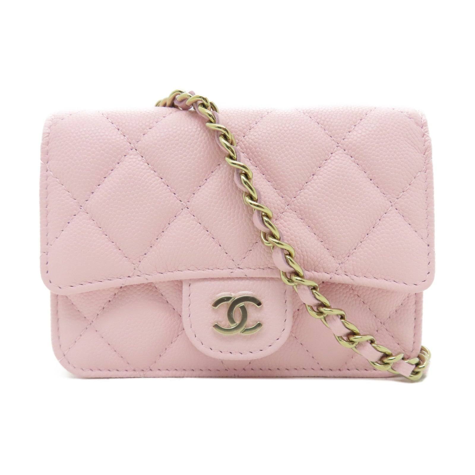 CHANEL 菱格牛皮皮革Chain Shoulder金扣鏈帶肩背袋粉紅色