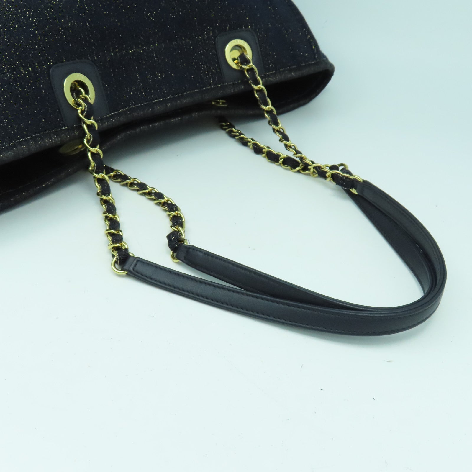 CHANEL 帆布Deauville Tote金扣肩背袋藍色