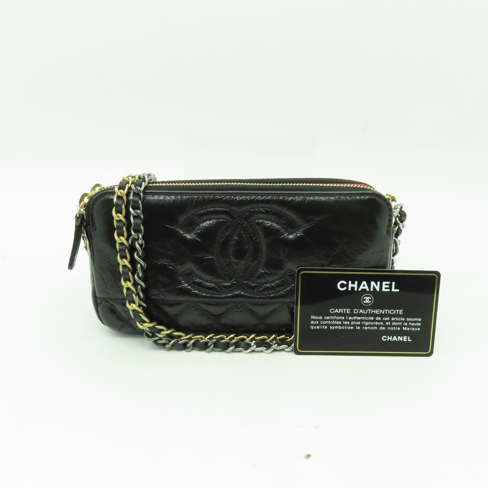 CHANEL 菱格牛皮皮革Double Zip WOC金扣鏈帶肩背袋黒色