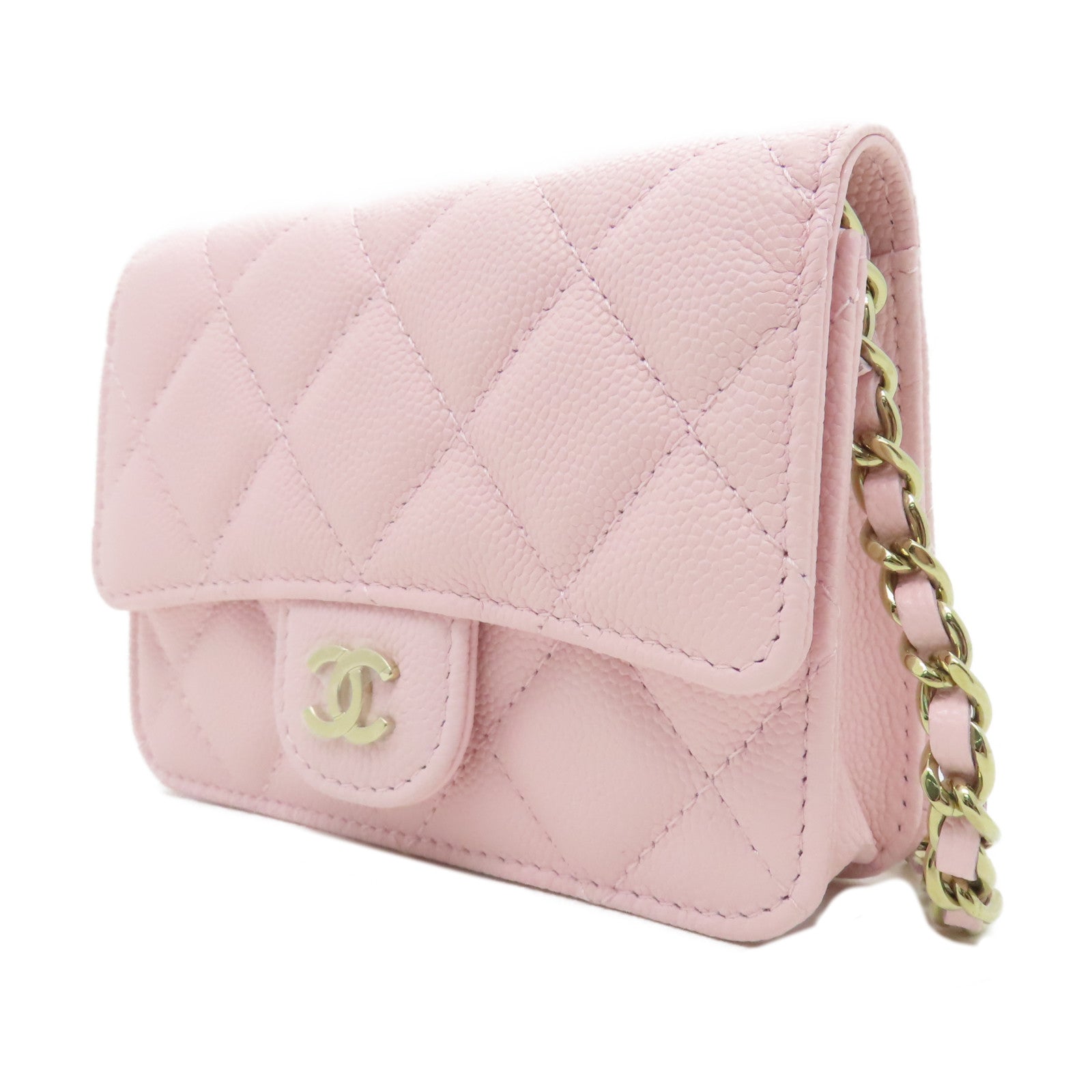 CHANEL 菱格牛皮皮革Chain Shoulder金扣鏈帶肩背袋粉紅色