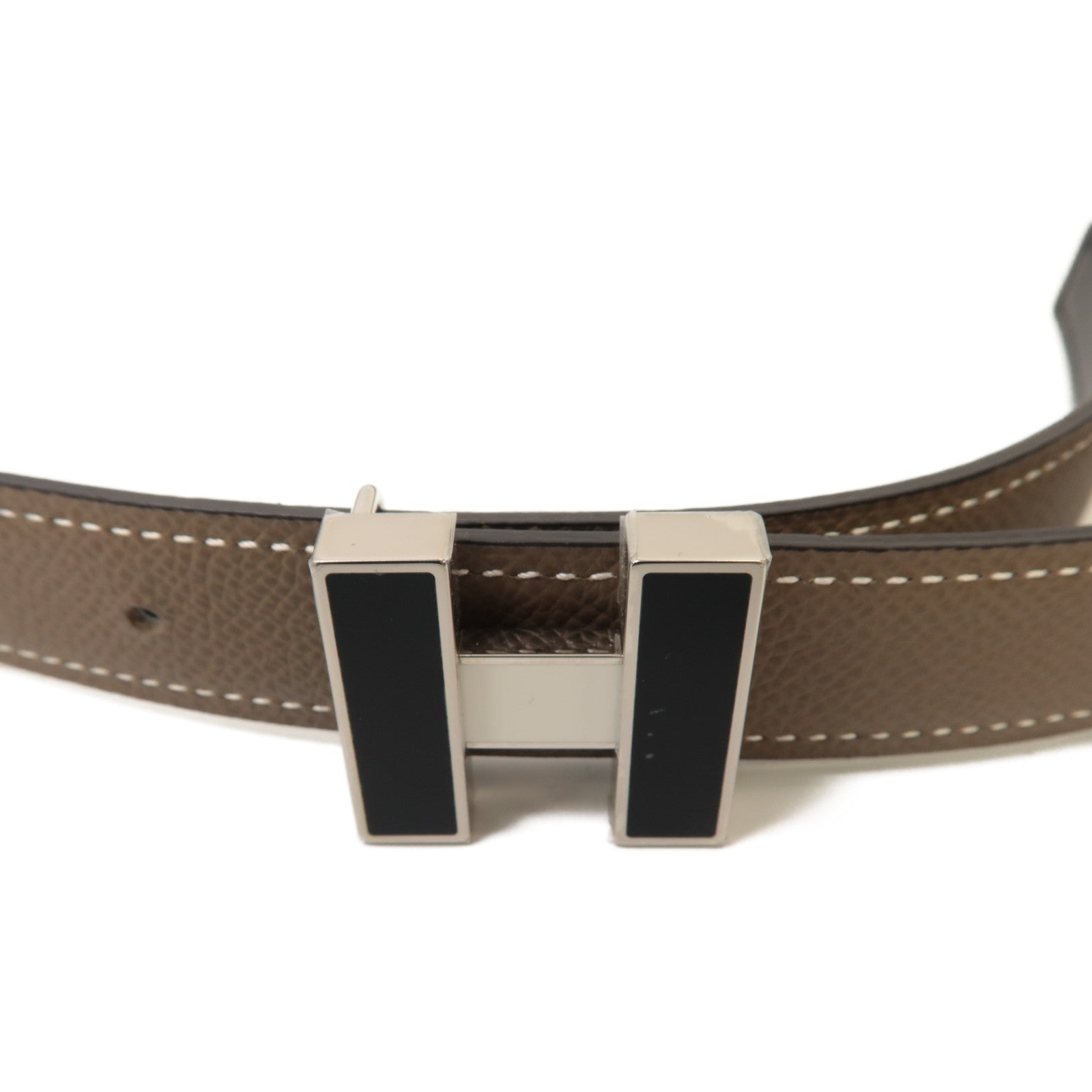 HERMES Epsom/Swift皮革Belt 85cm銀扣皮帶米色/黒色