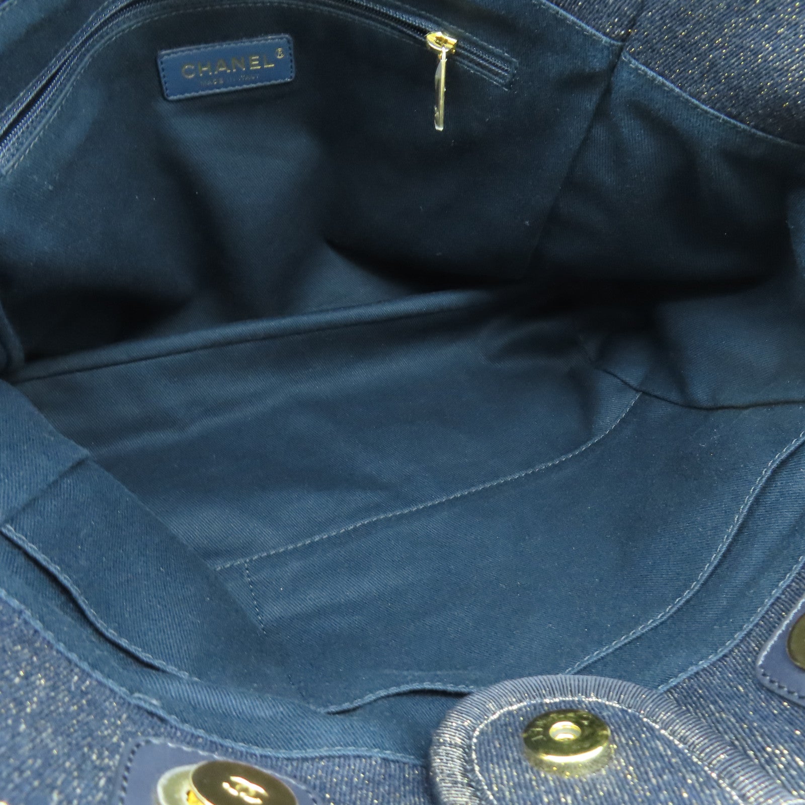 CHANEL 帆布Deauville Tote金扣肩背袋藍色