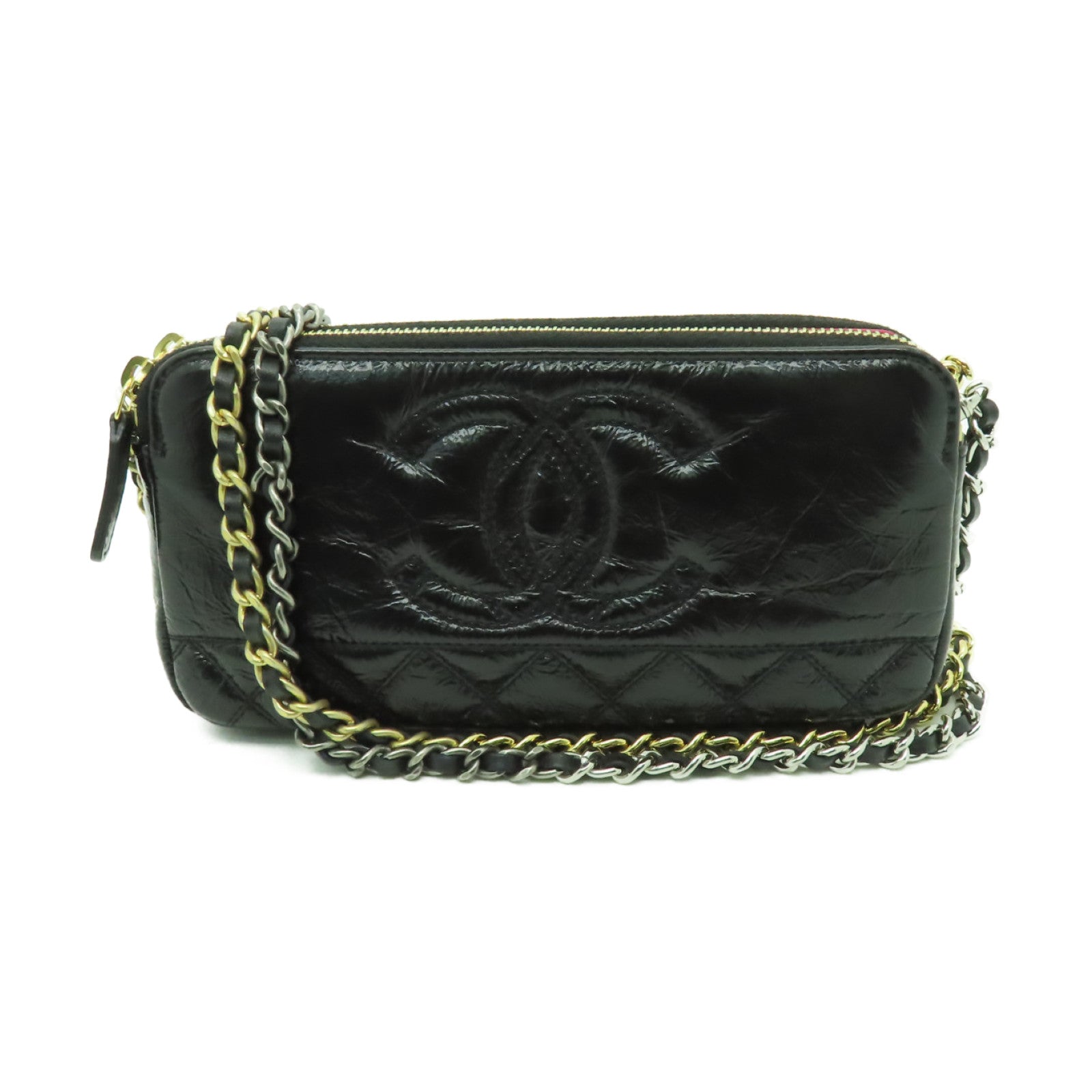 CHANEL 菱格牛皮皮革Double Zip WOC金扣鏈帶肩背袋黒色